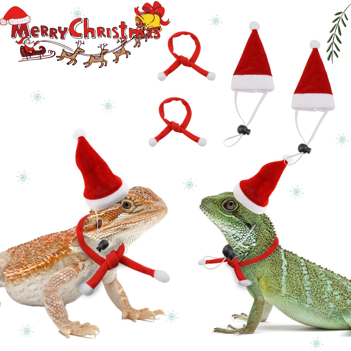 Gabraden 2 Pack Christmas Bearded Dragon Lizard Christmas Hat And Scarf, Small Animal Guinea Pig Christmas Costume Clothing (2A-Red, Christmas)