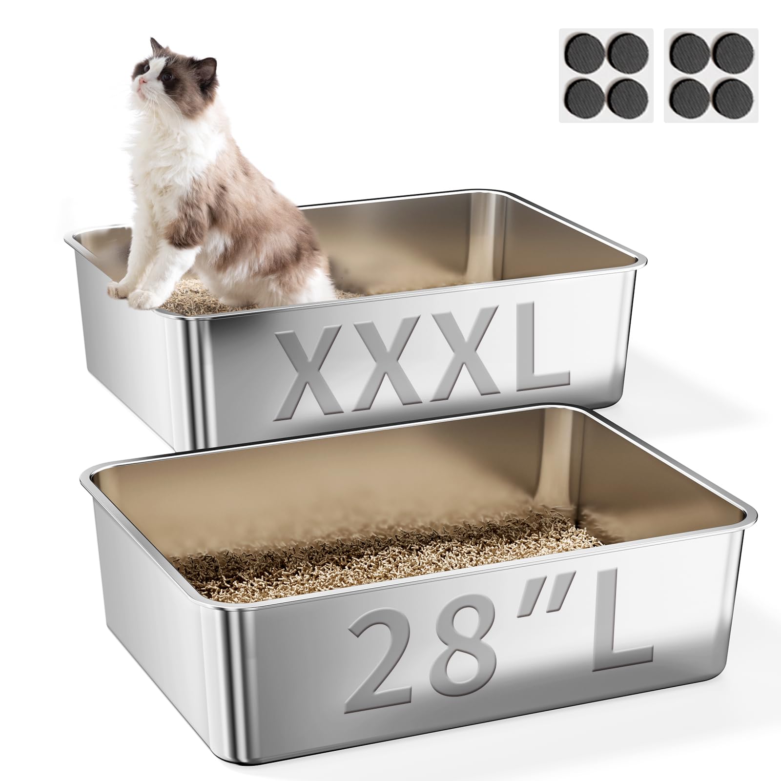 2 Pack Cat Pan Giant 28'' Extra Large Stainless Steel Cat Litter Pan Metal Cat Litterbox For Big Cats And Multiple Cats, Anti-Le