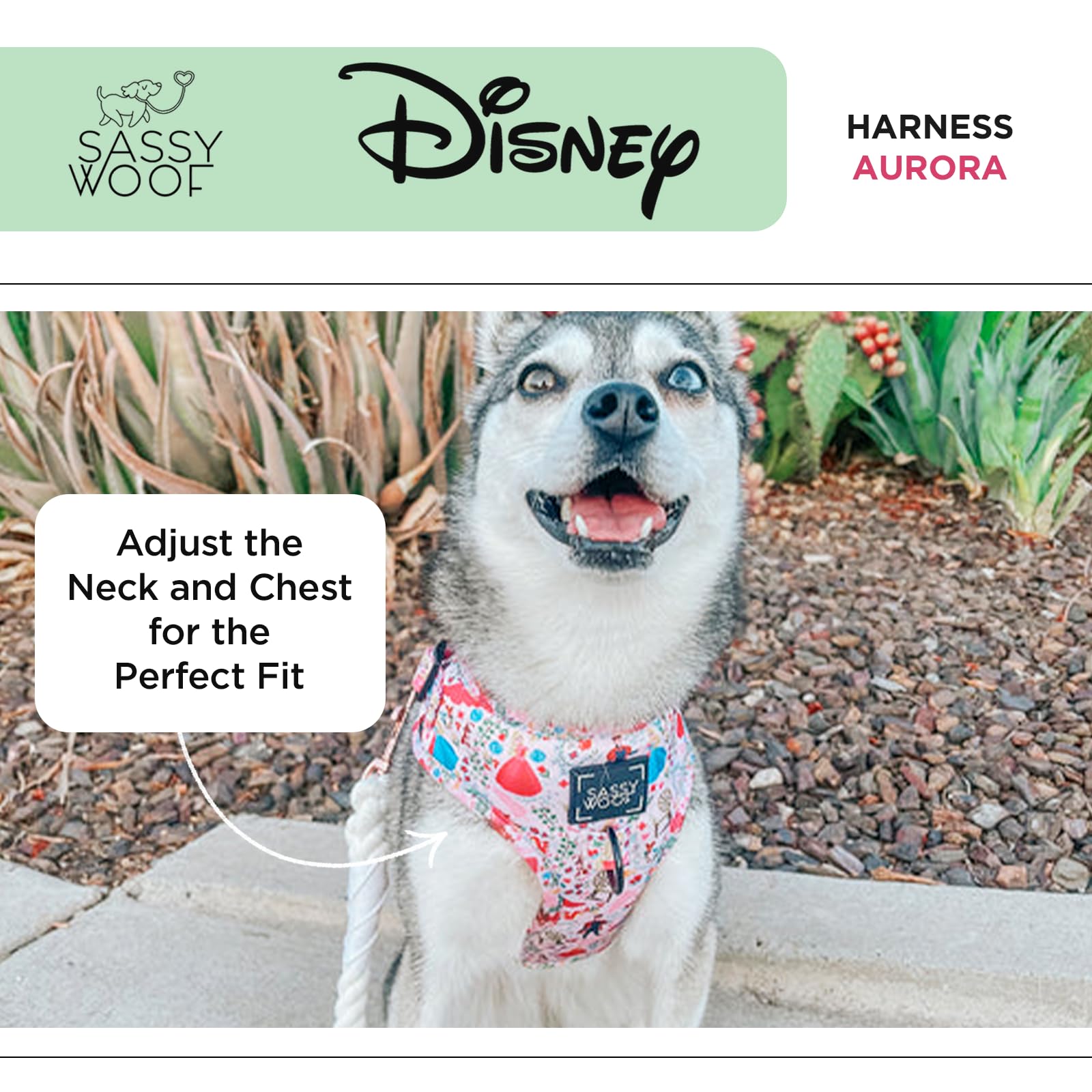 Sassy Woof Dog Adjustable Harness - Disney Princess Sleeping Beauty Aurora - L, Breathable Mesh, No Pull Design With Two D-Rings