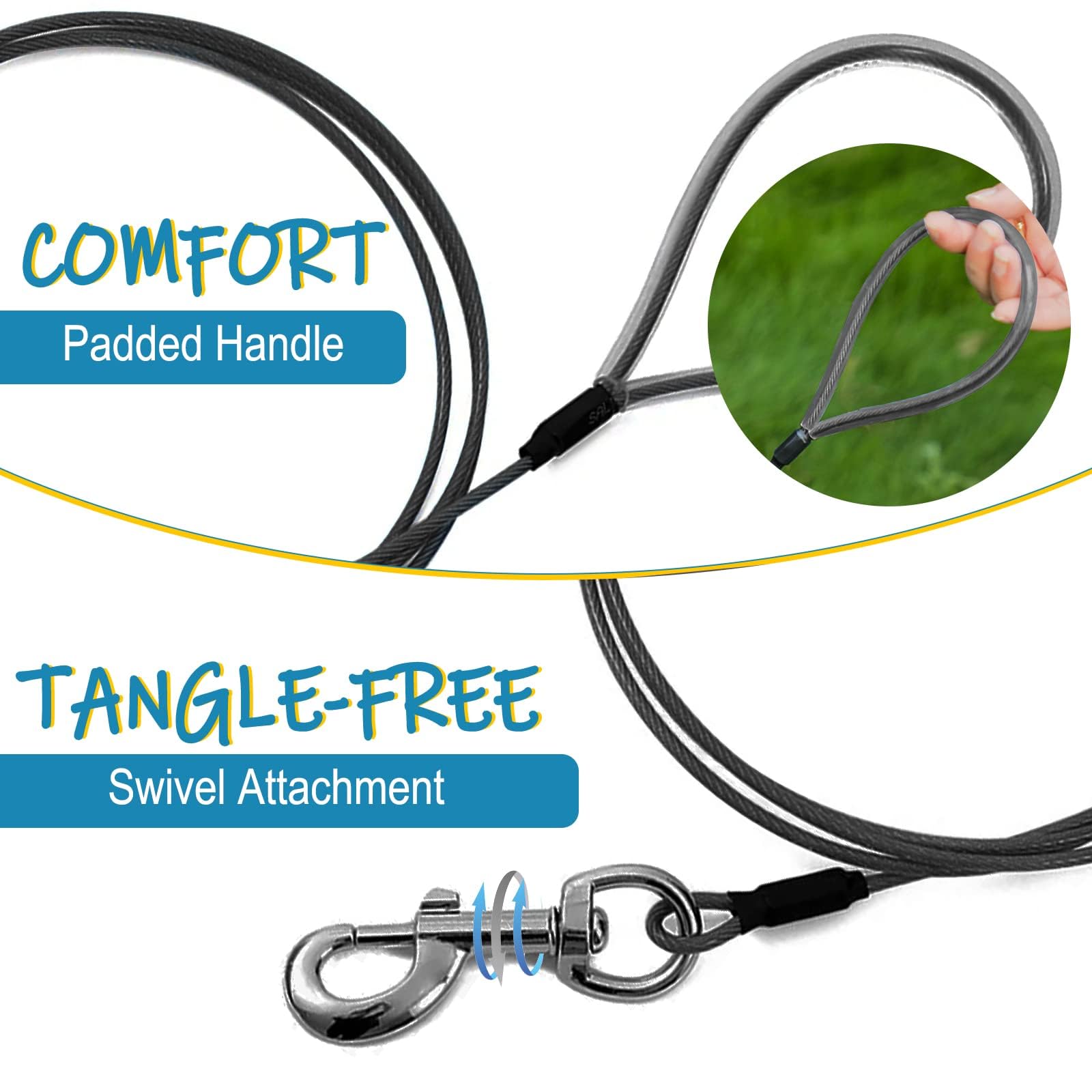 Mi Metty Chew Proof Dog Leash - Six Foot Metal Cable Lead. Heavy Duty Leash Made Of Coated Wire Rope. Chew Resistant, Great For Large Dogs And Teething Puppies. Dog Chains (2 Pack, Black+Khaki)