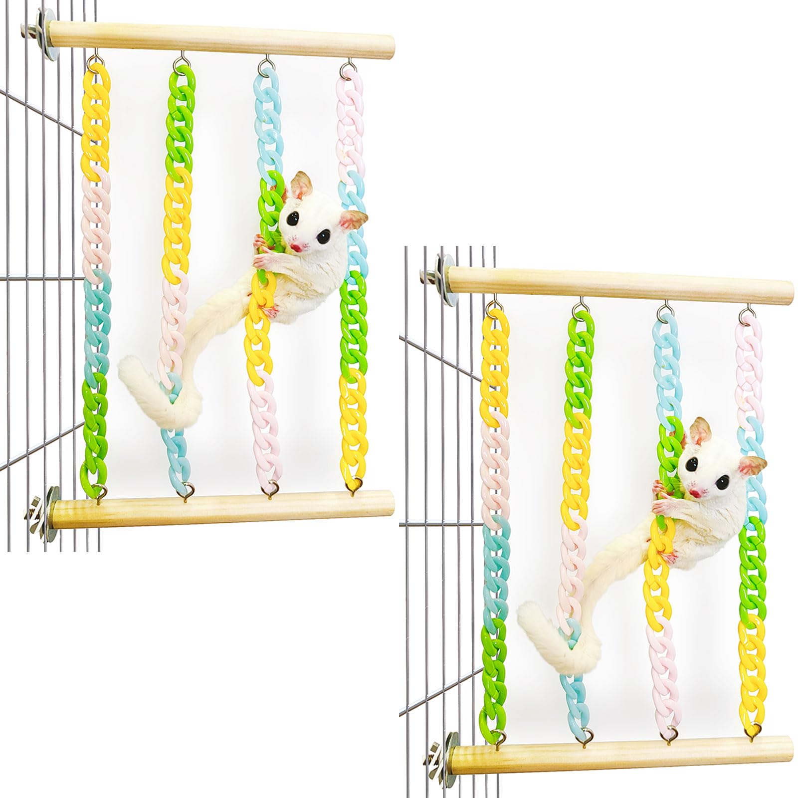 Jevnd 2Pcs Sugar Glider Climbing Toys, Natural Wood With Sturdy Colorful Chains Hanging Toys Sugar Glider Cage Accessories, Wobb