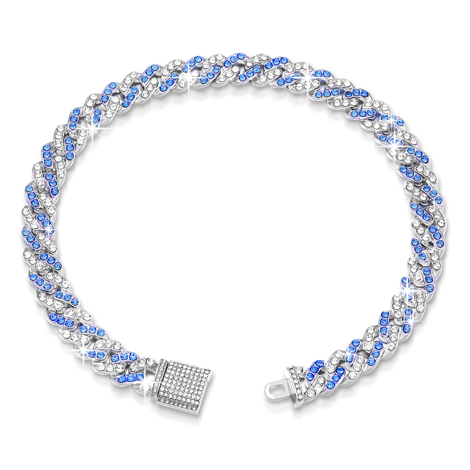 14Inch Glitter Dog Chain Collar Blue Silver Diamond Dog Collars Cuban Dog Chains Necklace Puppy Pet Metal Link Chain With Buckle Christmas Pet Jewelry Accessories Chain For Small Medium Dogs Cats