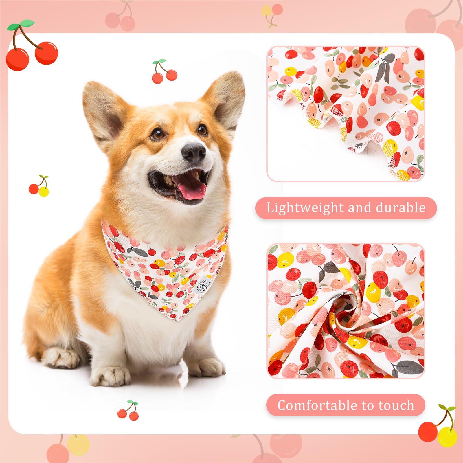 E-Clover Pink Floral Dog Bandanas & Matching Scrunchie Set Cute Dog Scarf Bibs Pet Bandana With Bow Tie For Medium Large Dogs Ow