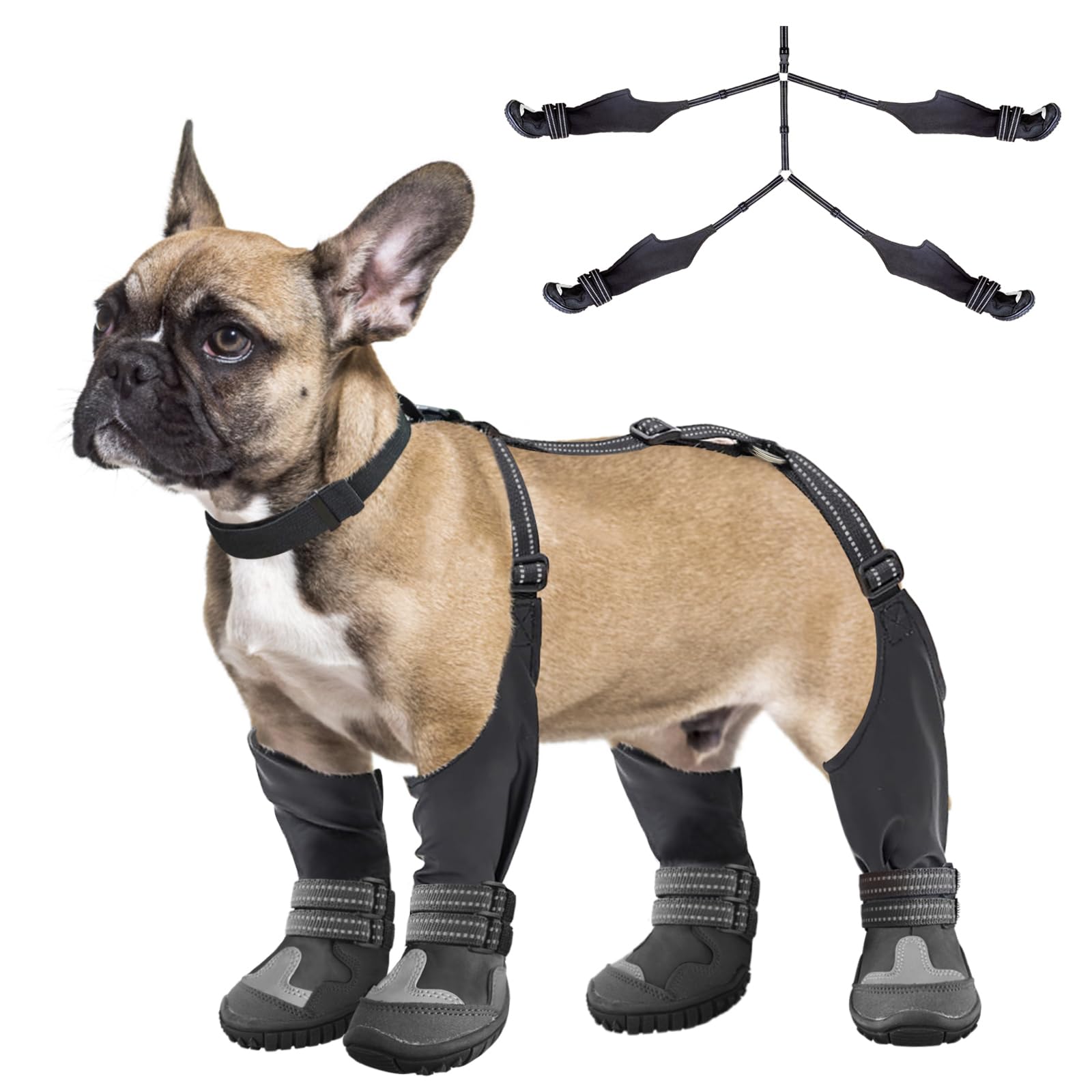 Idepet Dog Suspender Boots, Tall Dog Boots Anti-Slip & Fall Waterproof Shoes Leggings, Adjustable Suspender Boots for Dogs Winte