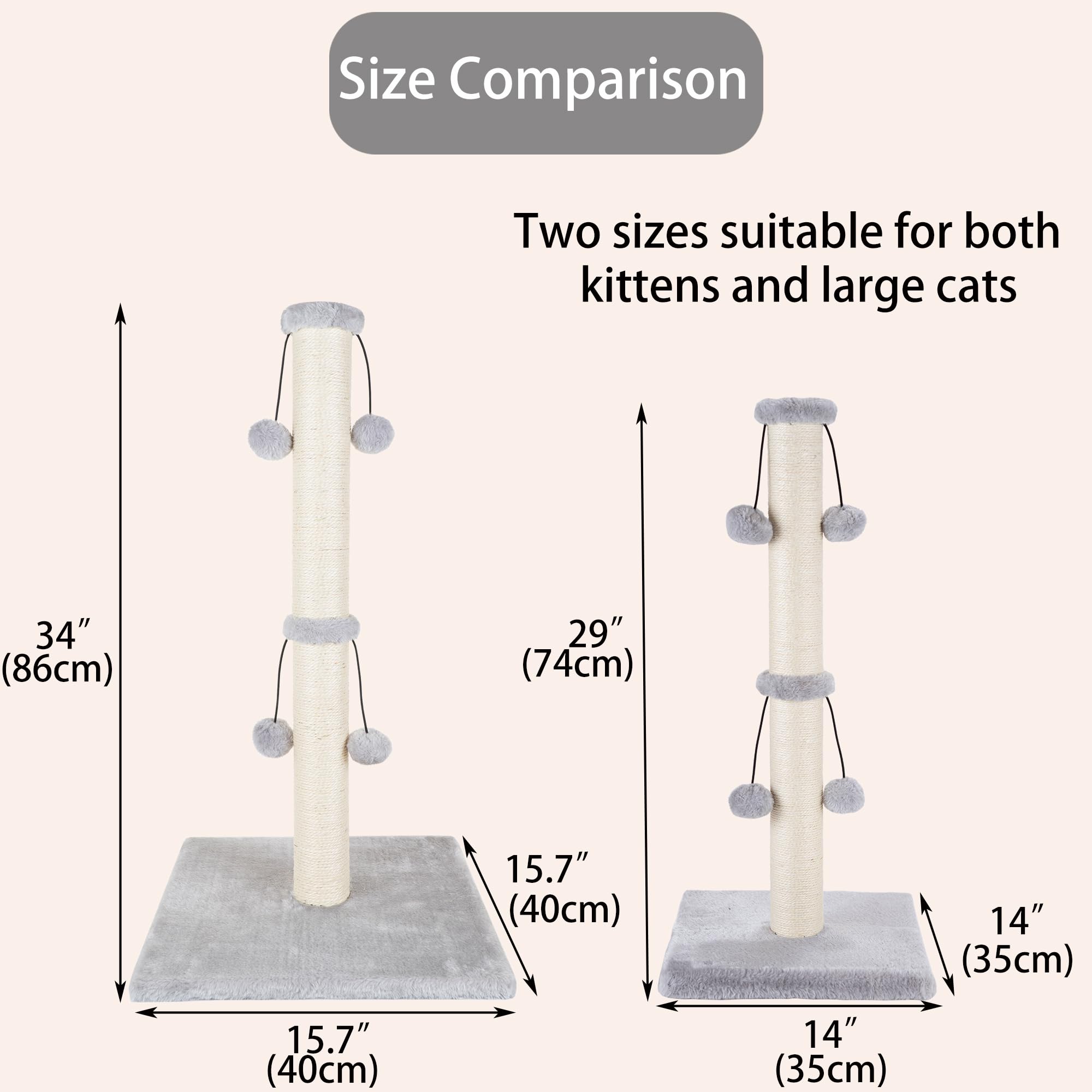 Dimaka 34'' Cat Scratching Post, Cat Scratching Post, Cat Scratcher For Large Cats With Teasing Toy Ball, Natural Sisal White An