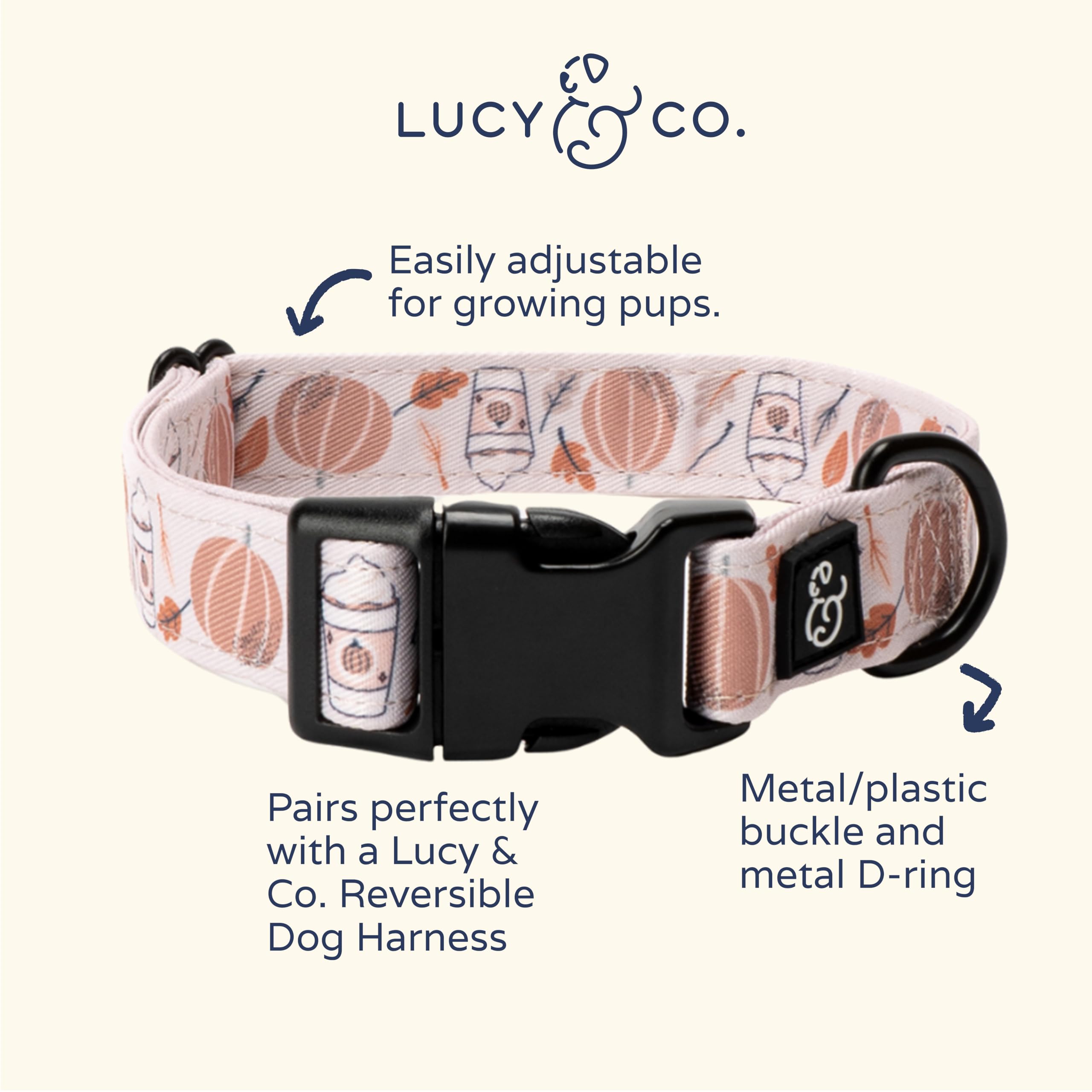 Lucy & Co. Awesomely Autumn Dog Collar - Durable Lightweight Designer Collar For Pets - Adjustable Metal Safety Buckle (Small, W