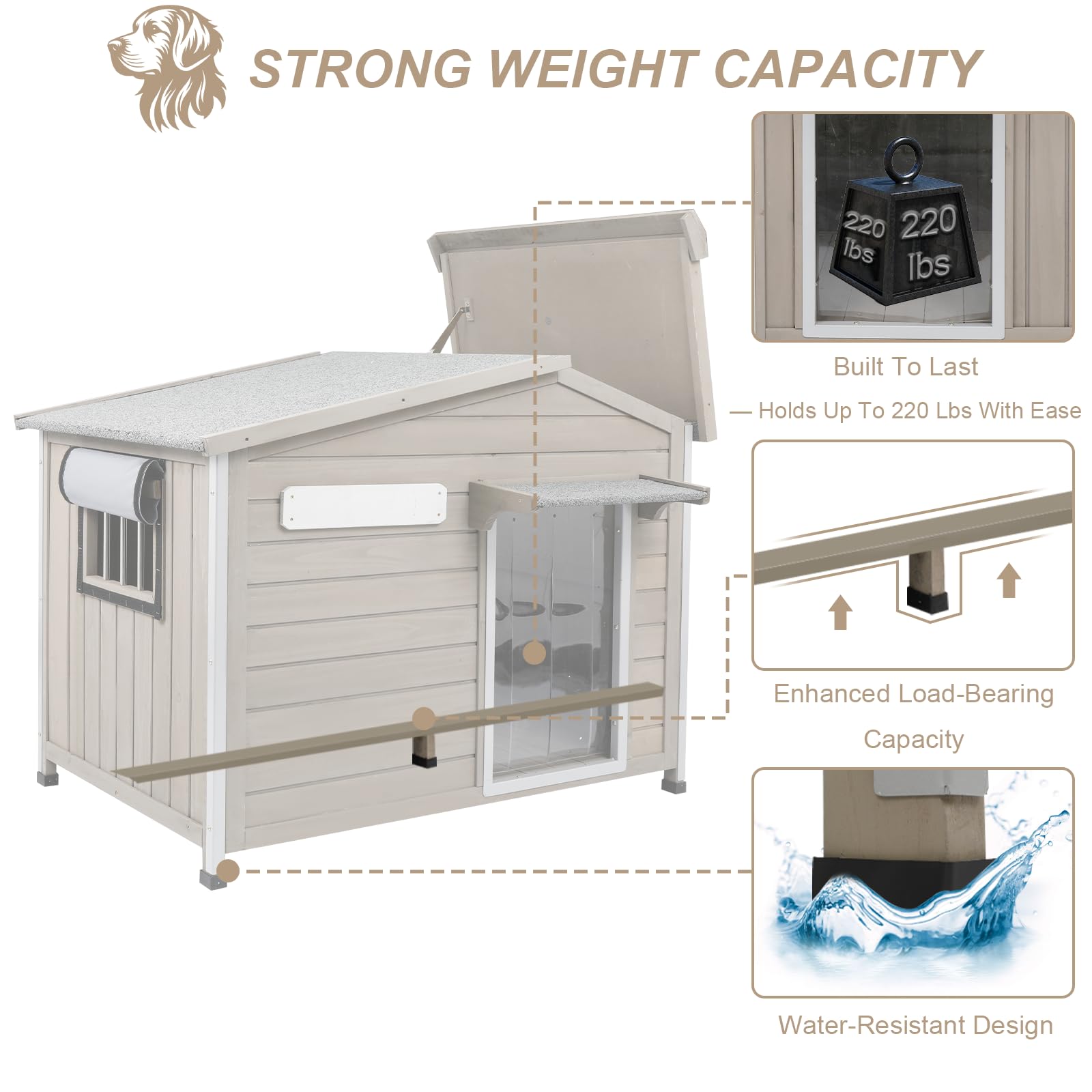 Outdoor Dog House with Chew-Proof Iron Frame, Wooden Dog Kennel Weatherproof,Removable Floor, Adjustable Vent Window, Easy Assem