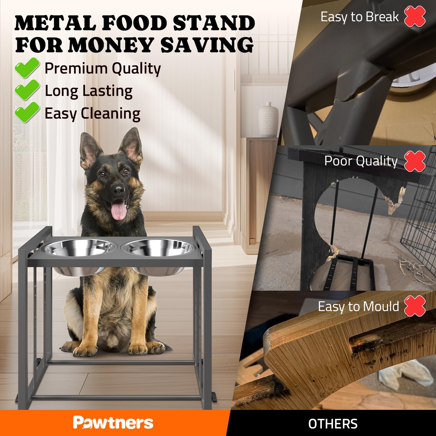Elevated Dog Bowls For Medium Breed: 4 Height Adjustable Raised Dog Bowl Feeder Station, 2 Stainless Steel Bowls, Grey