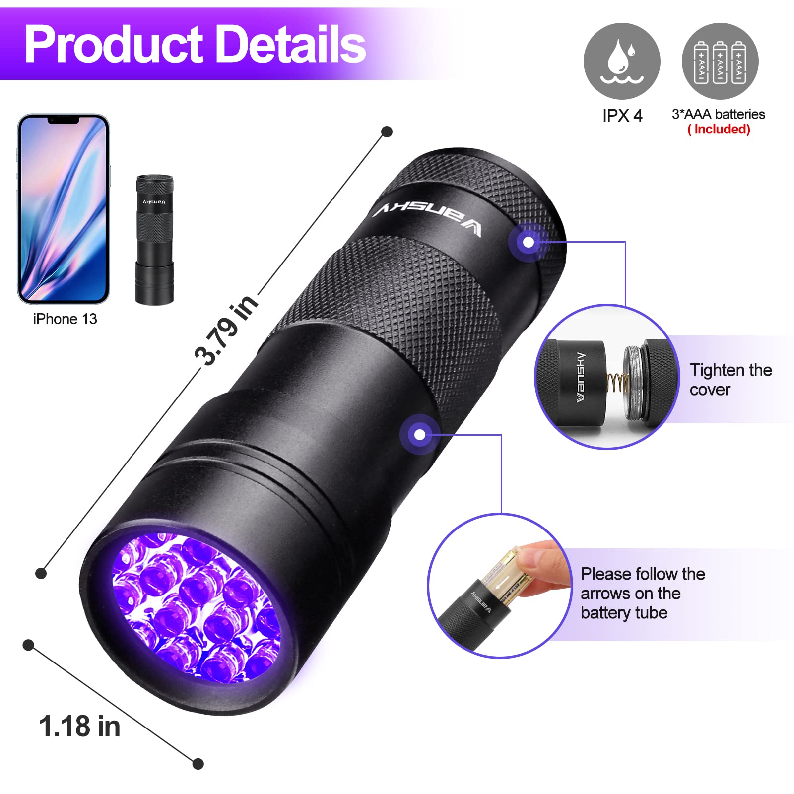 Vansky Black Light Uv Flashlight Blacklight 12 Led Urine Detector For Dog/Cat/Pet Urine & Dry Stains And Bed Bug On Carpets/Rugs/Floor,Matching With Pet Odor Eliminator
