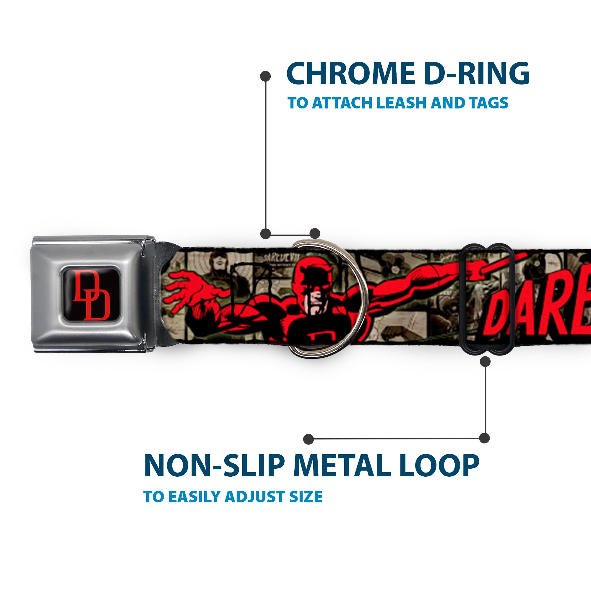 Buckle-Down Seatbelt Buckle Dog Collar - Daredevil Action Poses/Comic Panels Grays/Red - 1'' Wide - Fits 11-17'' Neck - Medium