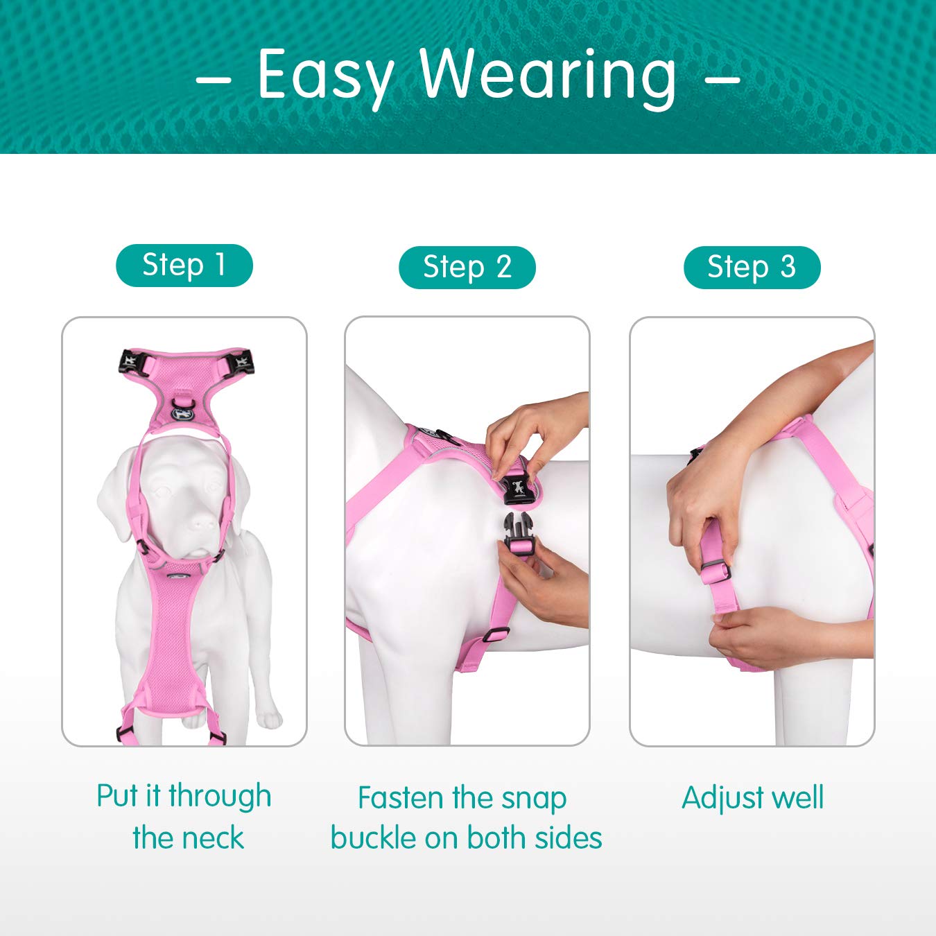 Poypet Reflective Soft Breathable Mesh Dog Harness No Choke Double Padded Vest Adjustable(Light Pink,Xl)