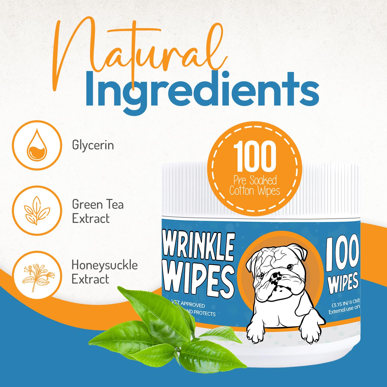 Bulldog Wrinkle Wipes for Dogs - Deodorizing & Soothing with Honeysuckle Extract - Non-Irritating, Cleans Wrinkles, Folds, Paws
