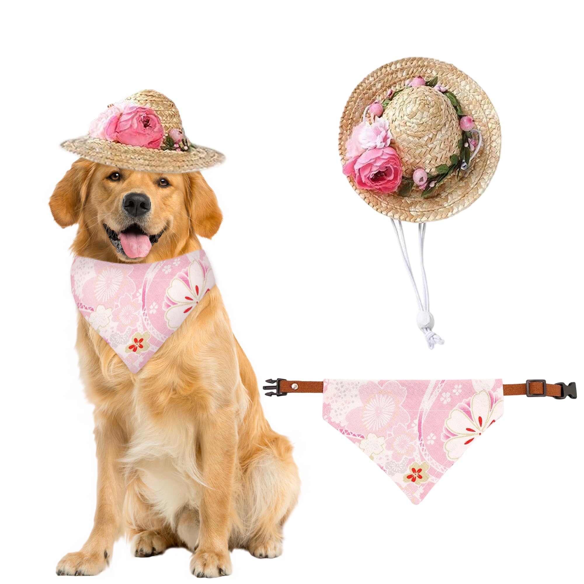 Hawaiian Costume For Dog Hawaiian Bandanna Summer Hat For Cat Sunflower Bandanna Sunglasses Summer Costume For Pet (Pink)