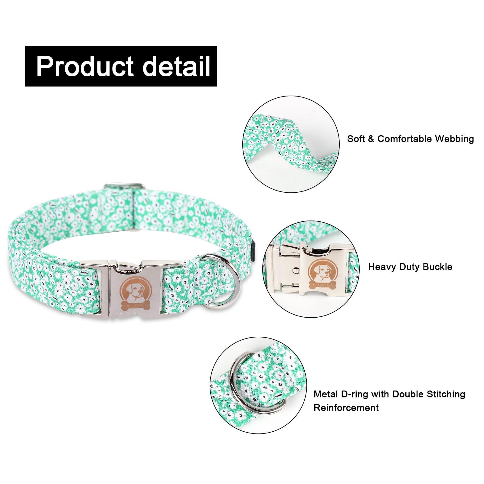 Mr. Chubbyface Spring Summer Dog Collar, Cute Green Wildflower Dog Collars, Durable Female Male Pet Collars For Small Medium Lar