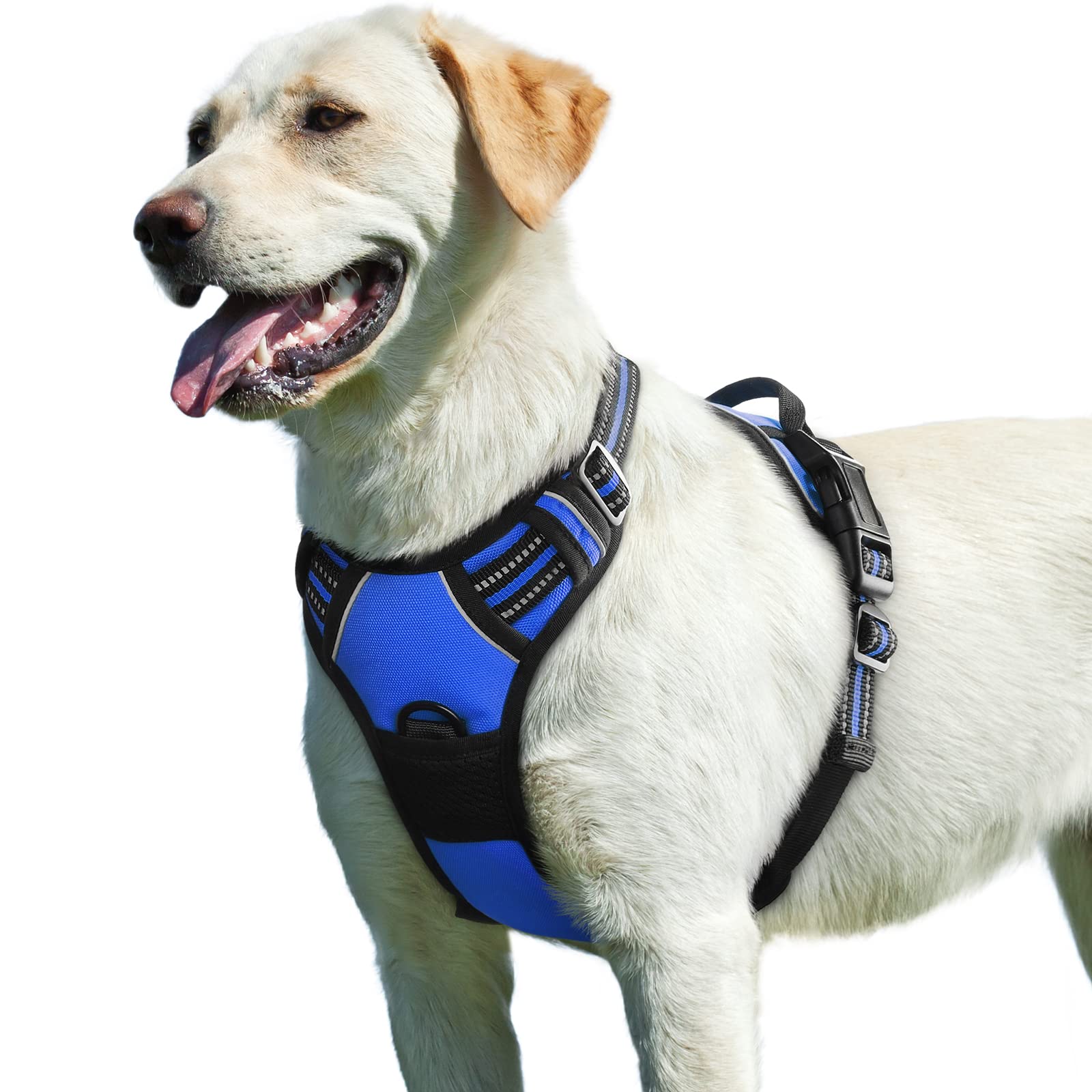 Eagloo Dog Harness For Large Dogs, No Pull Service Vest With Reflective Strips And Control Handle, Adjustable And Comfortable For Easy Walking, No Choke Pet Harness With 2 Metal Rings, Blue, L