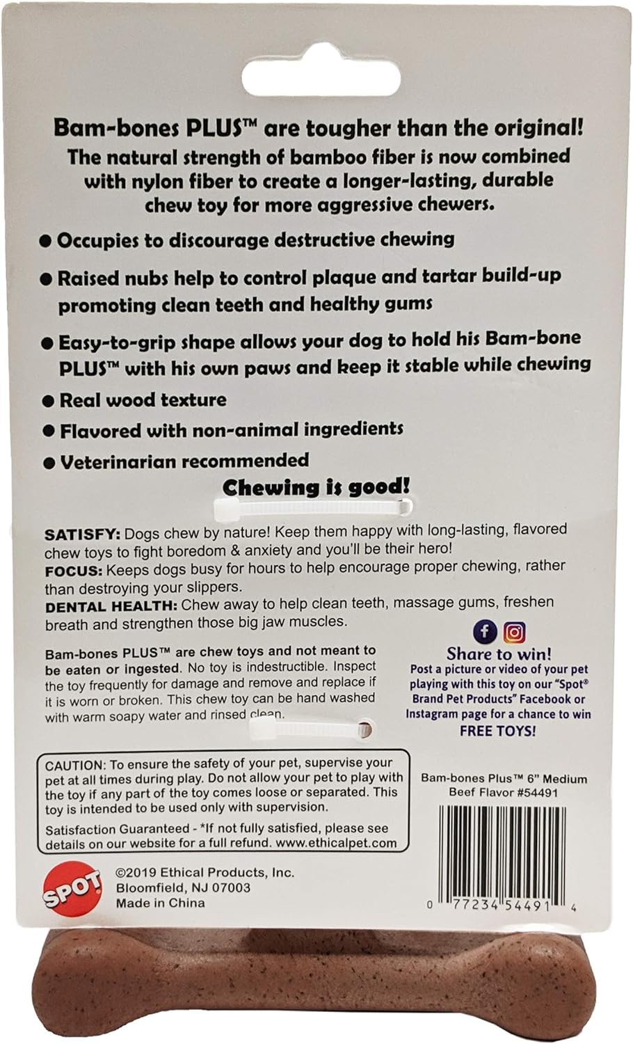 SPOT Bam-bones PLUS T Bone - Bamboo Fiber & Nylon, Durable Long Lasting Dog Chew for Aggressive Chewers - Great Toy for Adult Do