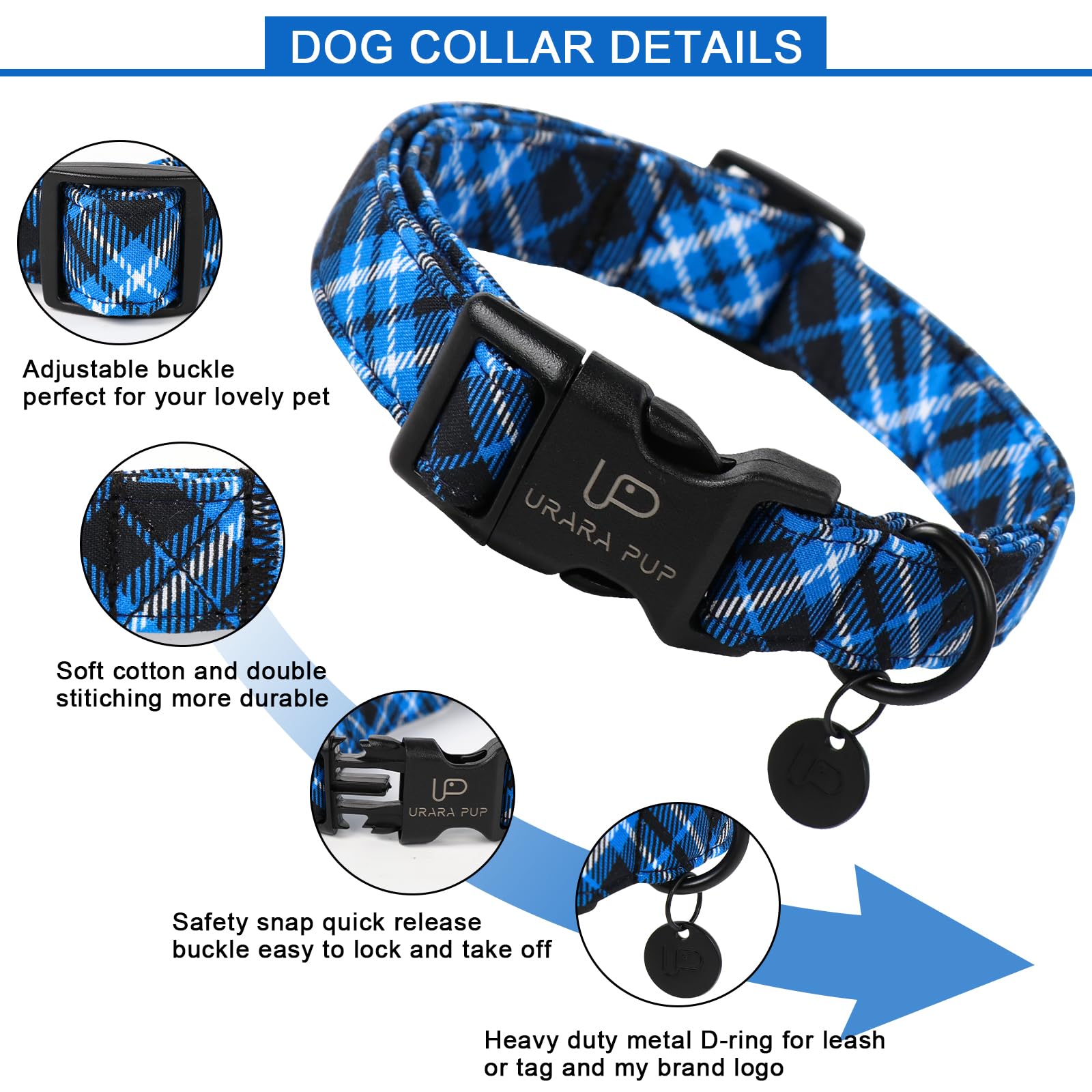 Up Urara Pup Dog Collar, Autumn Cotton Collar For Puppy Girl Dog Or Cat, Holiday Blue Plaid Collar With Lightweight Plastic Buck