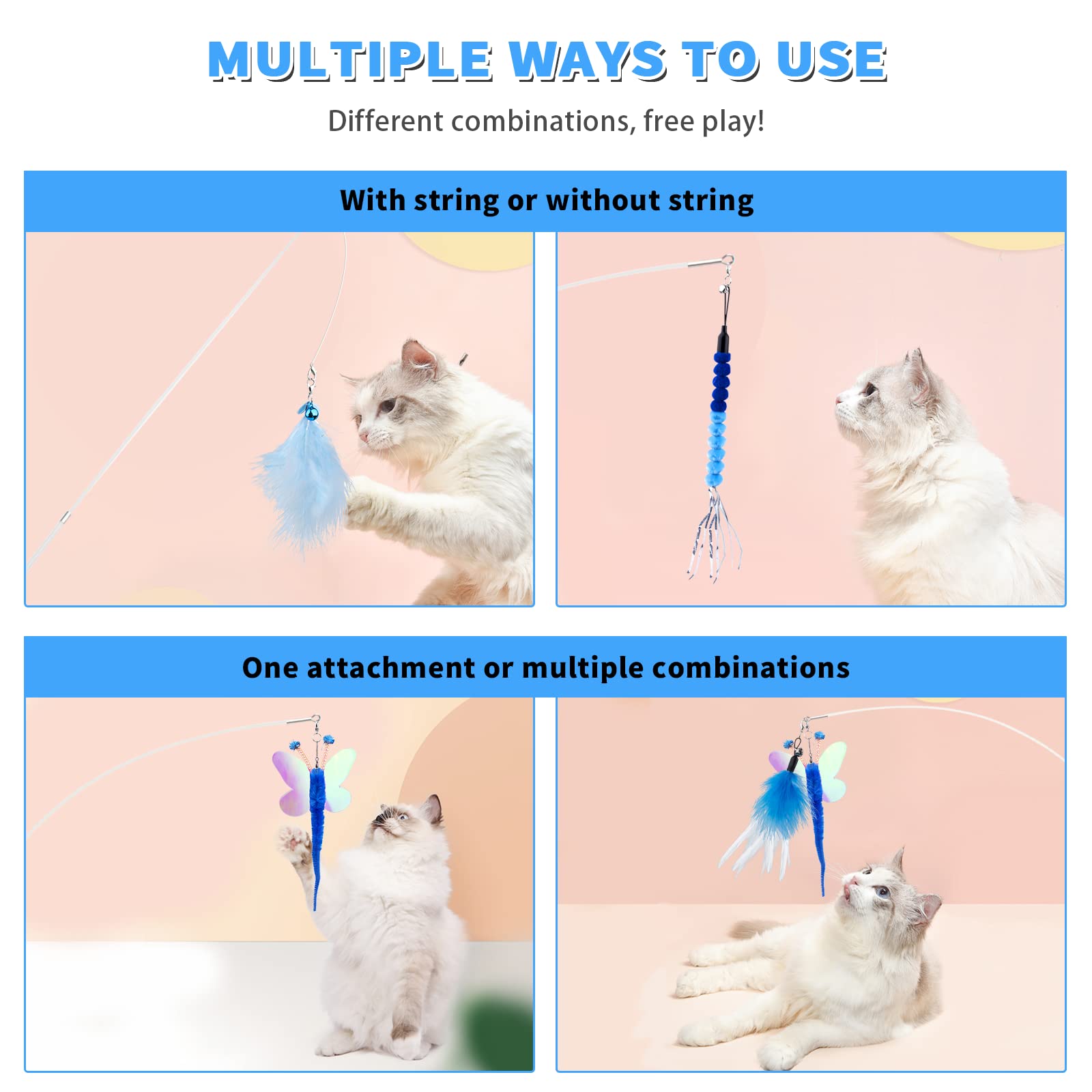 iKOIHO Cat Wand Toy for Indoor Cats 6PCS Fairy Feather Cat Toys with Retractable Fishing Pole Replaceable Feather Attachments Dr