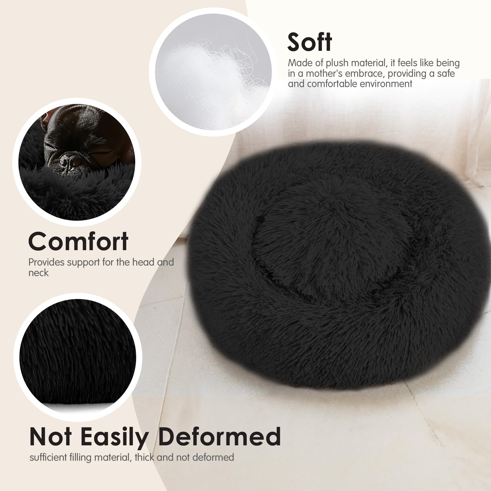 Dogs Bed for Small Dogs, Anti-Anxiety Washable Round Bed (Black, 24.0 L x 24.0 W x 8.0 Th)