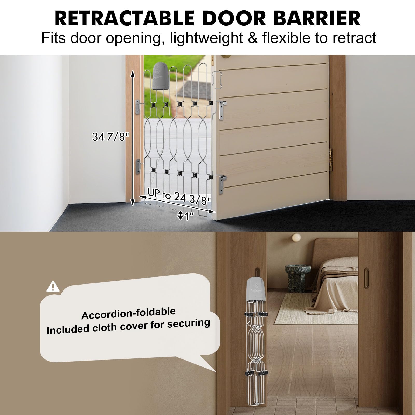 Snagle Paw Metal Retractable Door Barrier,24.4 Wide 35 Tall Safety Dog Gate for Front Door,Easy Install Retractable Pet Gate for