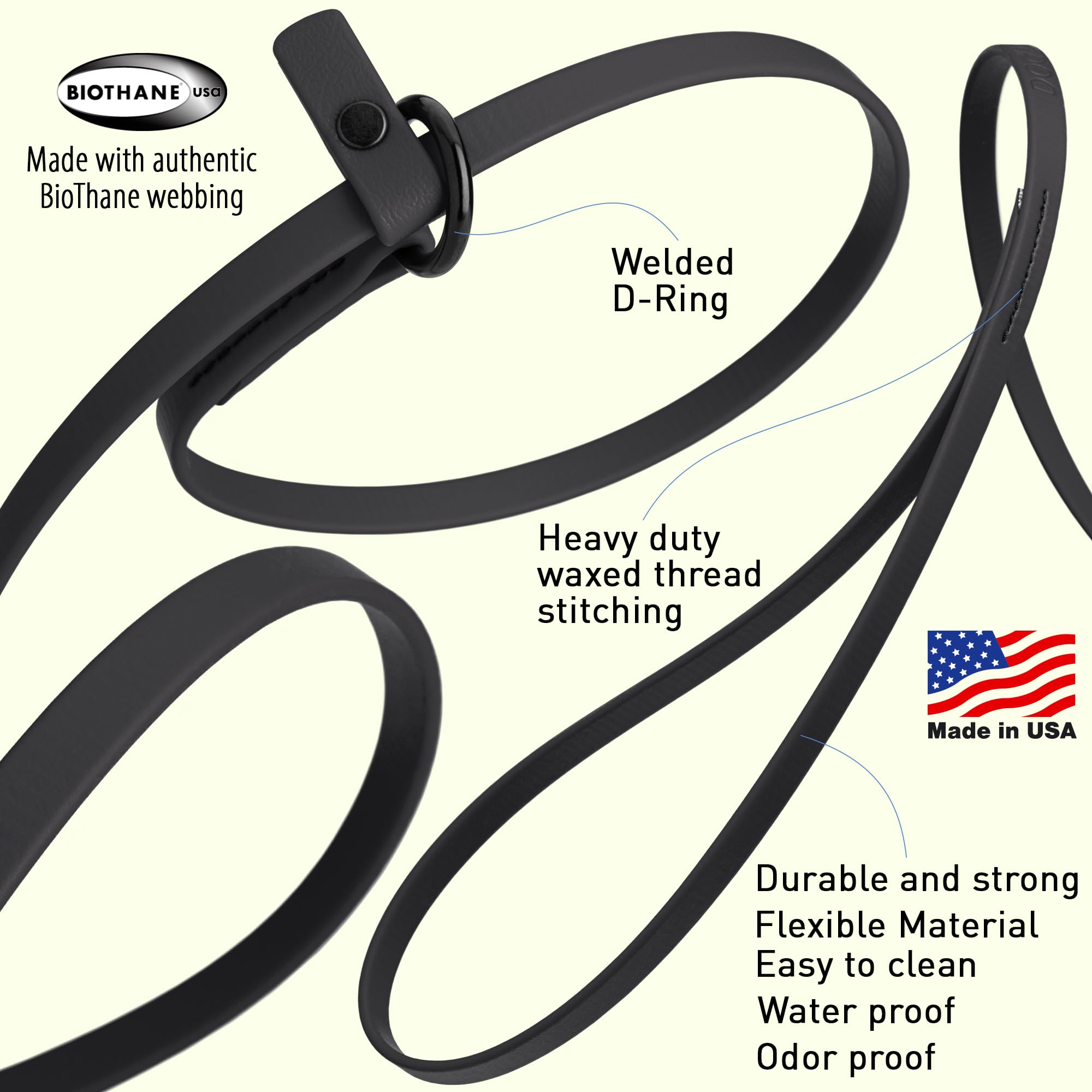 Dogline Biothane Slip Dog Leash - For Small, Medium And Large Dogs - Odor Free Slip Lead, Heavy Duty And Durable Material Kennel Lead - Black - 5Ft L X 3/8In W