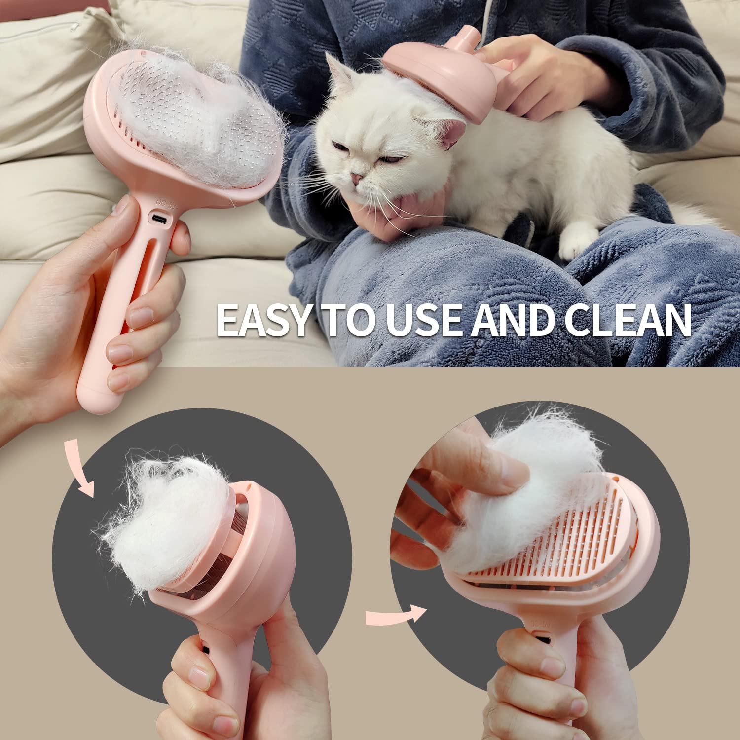 Pecait 3-in-1 Steam Brush with Release Button and Tank, Anti-Static Pet Brush for Long and Short Hair - Removes Tangles and Loos