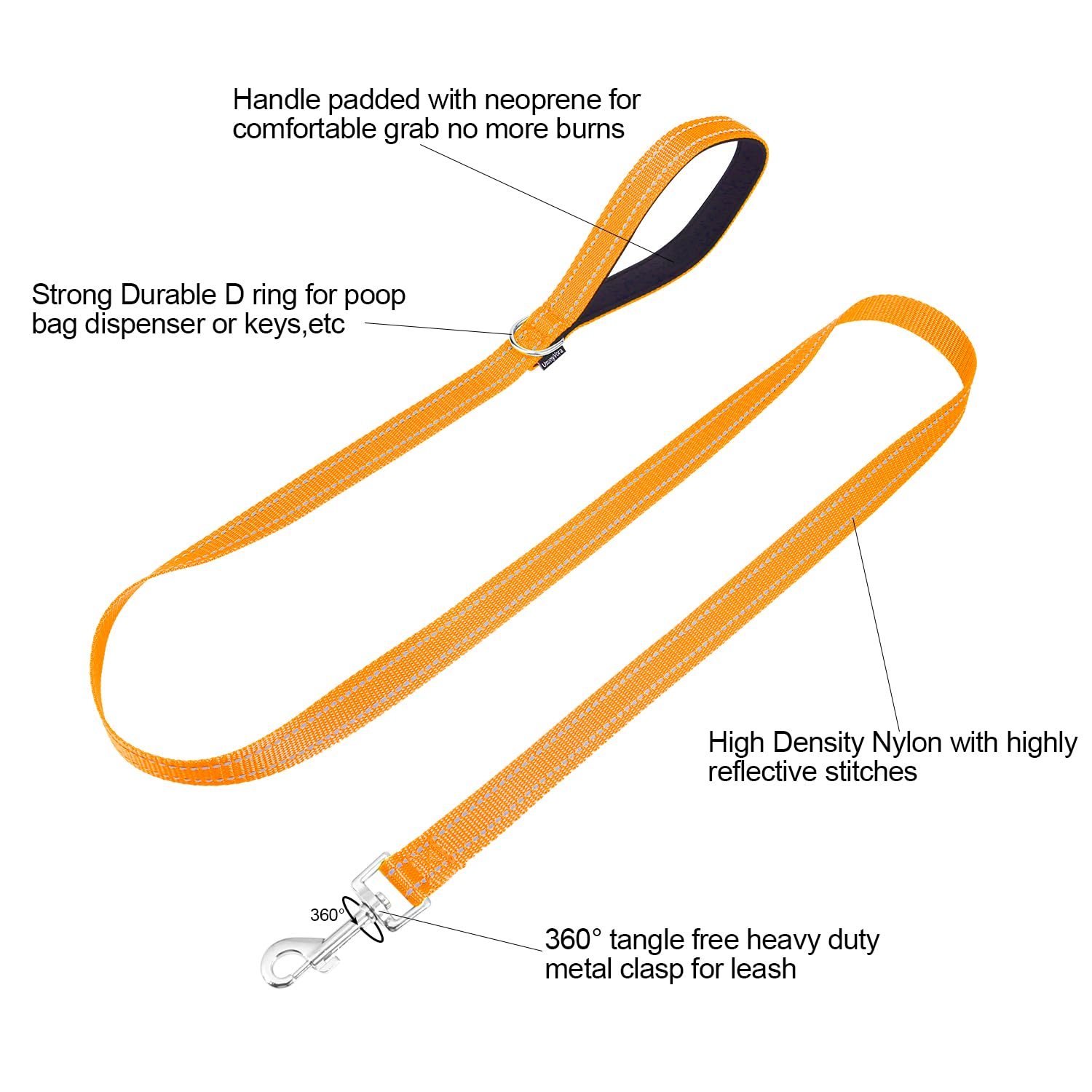 Usunyvora Reflective Nylon Dog Leash For Walking,Strong Dog Leash With Padded Handle For Small And Medium Dogs,5 Ft,Orange