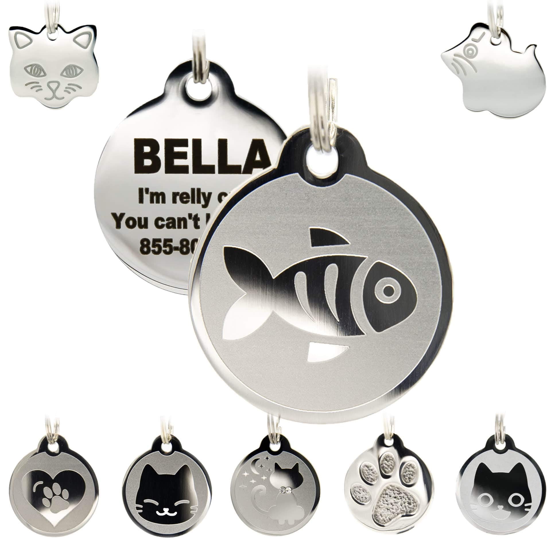 Stainless Steel Cat Id Tags - Engraved Personalized Tags With Up To 4 Lines Of Text And Cat & Mouse Shapes