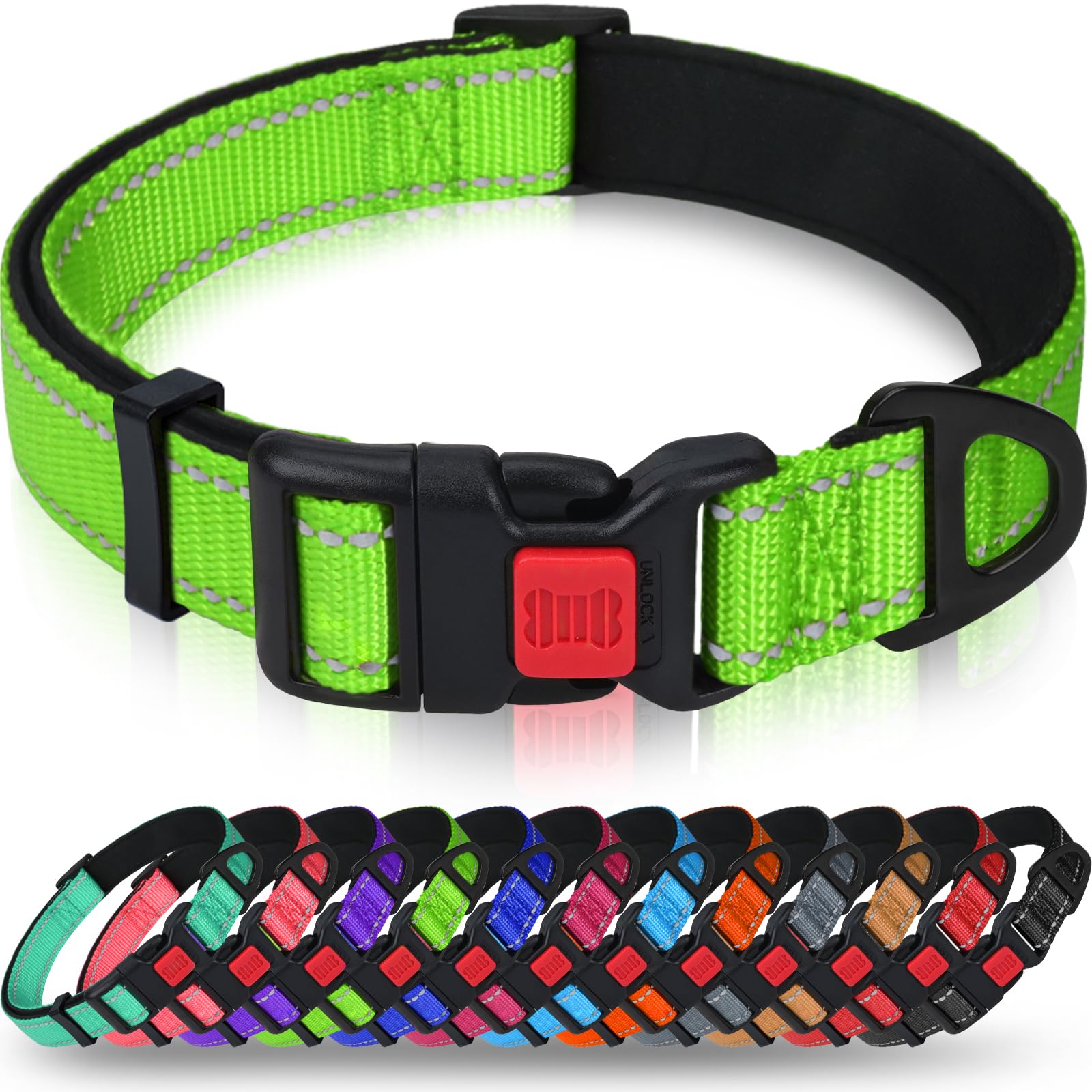 Taglory Reflective Dog Collar With Safety Locking Buckle, Adjustable Nylon Pet Collars For Large Dogs Female Male, Green, L