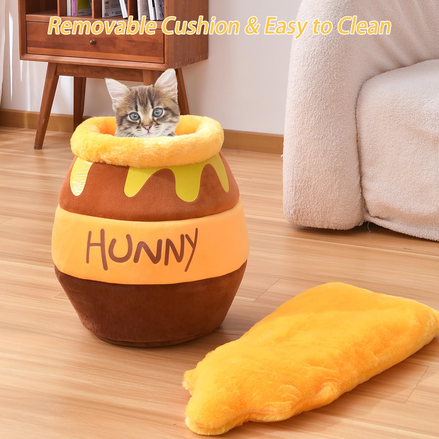 Honey Pot Cat Cave Bed, Soft and Thick Rebound Sponge Pet Nest with Removable & Washable Cushion, Cute Cartoon Design for Small