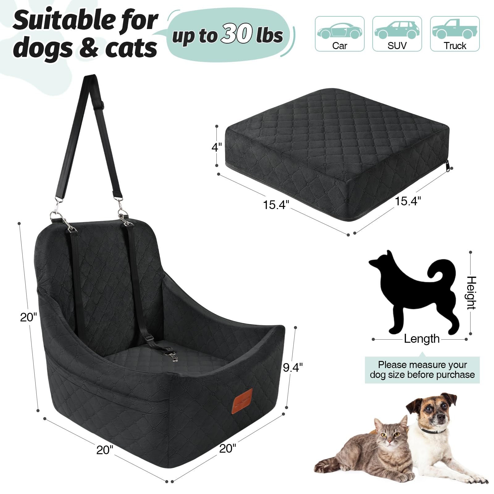 Lealchum Dog Booster Car Seat for Medium Dogs,Dog Car Bed with Adjustable Straps,Anti Slip Bottom Pet Car Seat Fully Detachable