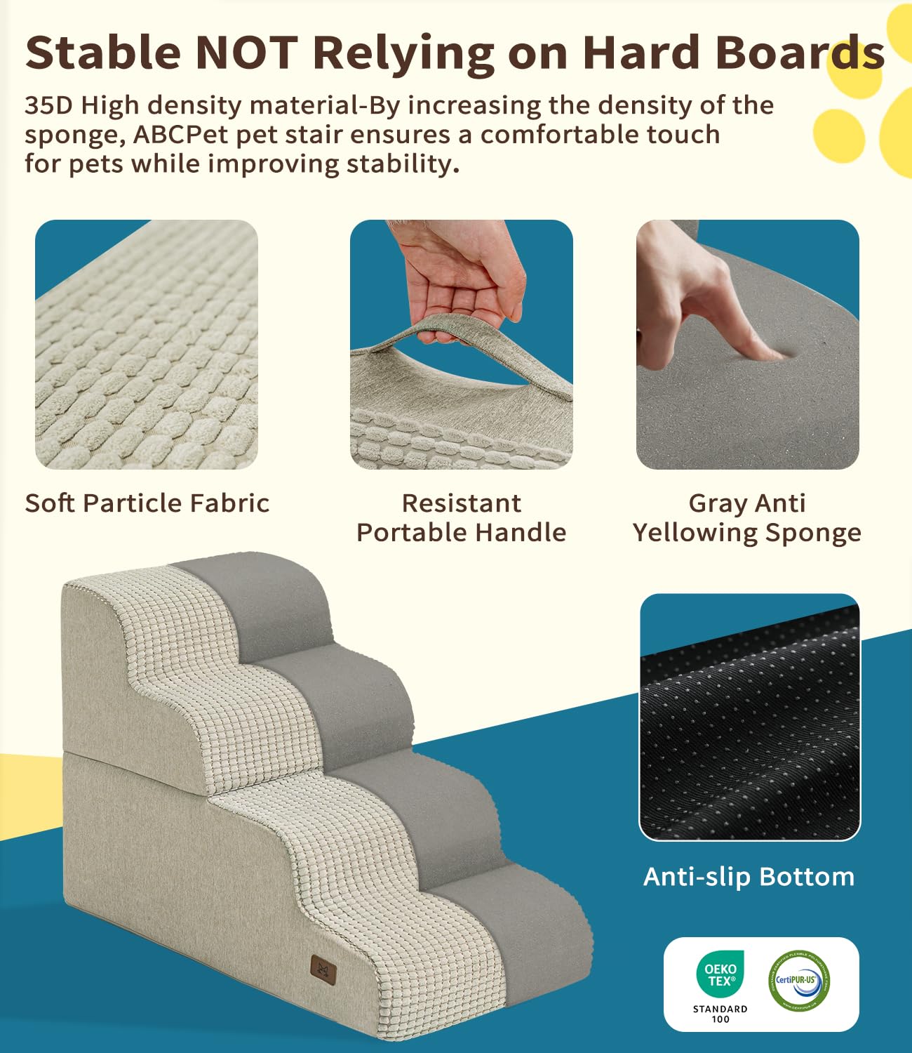 Abcpet Dog Step For Bed, Dog Stair 4-Step 35D Pet Stair 19.7'' H For High Bed Or Sofa Non-Slip Balanced Pet Step Indoor, Beige