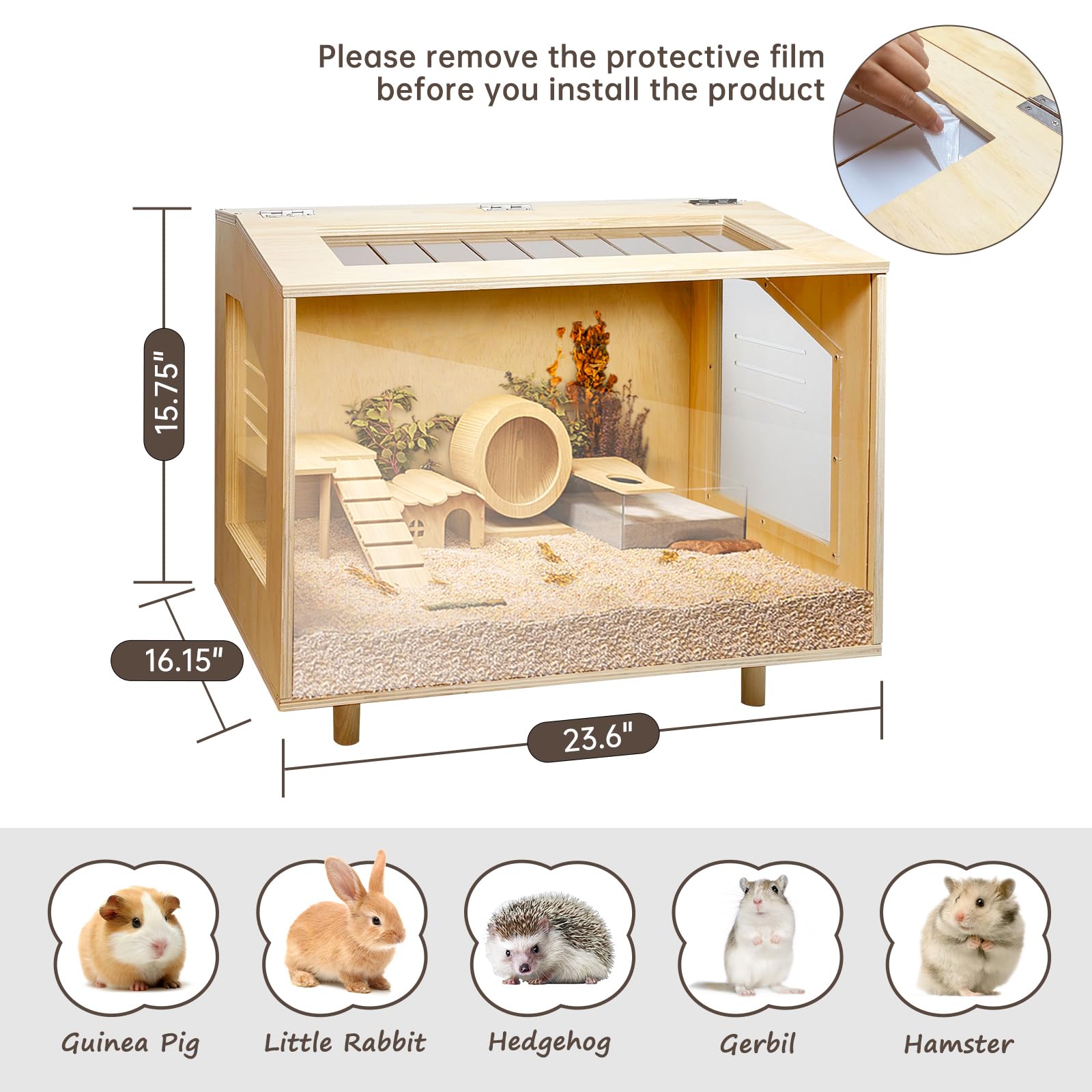 Wooden Hamster Cage - 24 Inch Guinea Pig Cage Clear Small Animal Cage With Open Top Hamster Habitat Wooden Frame With Acrylic Pa