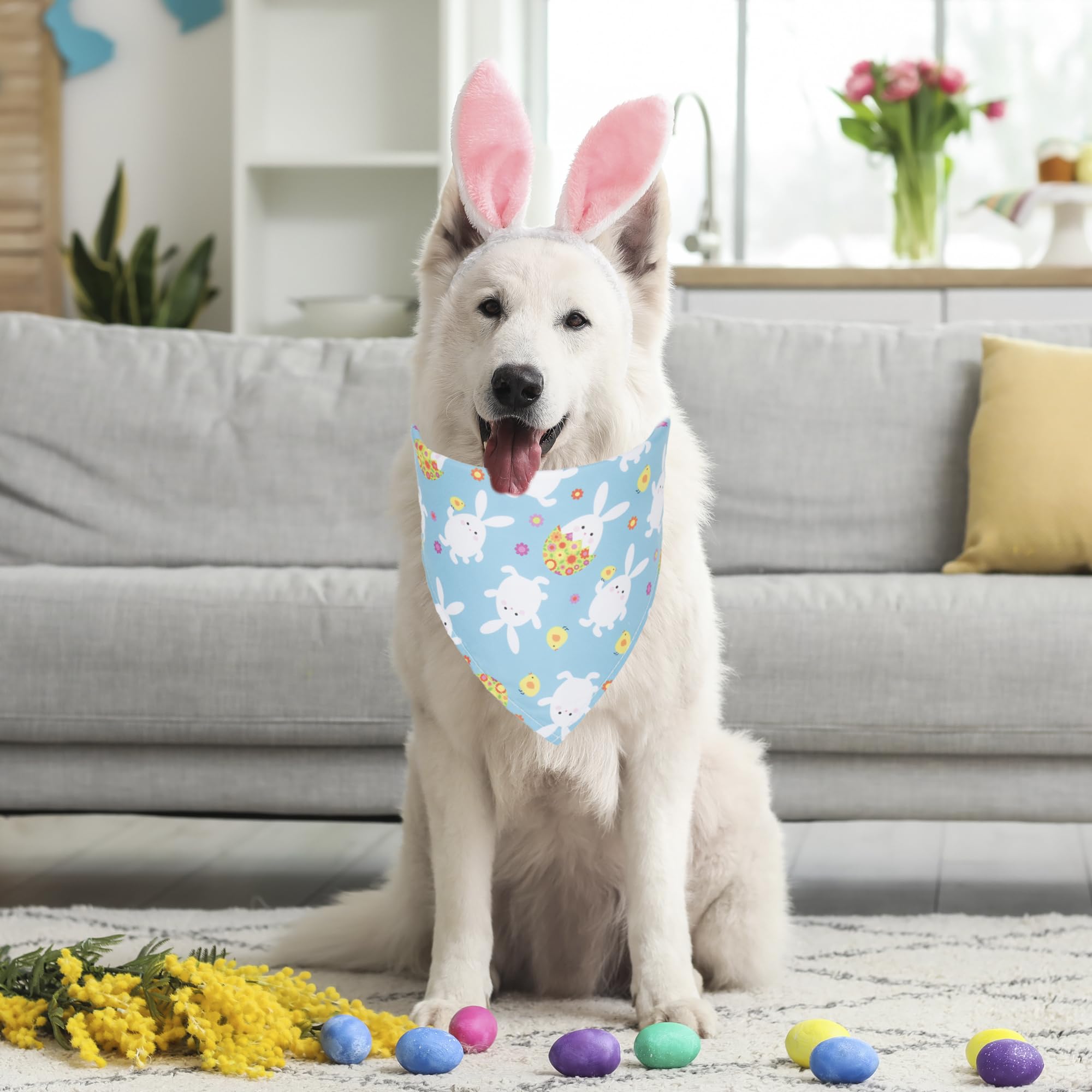 ADOGGYGO 4 Pack Easter Dog Bandana Triangle Dog Scarf Rabbit Easter Egg Pattern Pet Bandana for Large and X-Large Dogs Pets (X-L