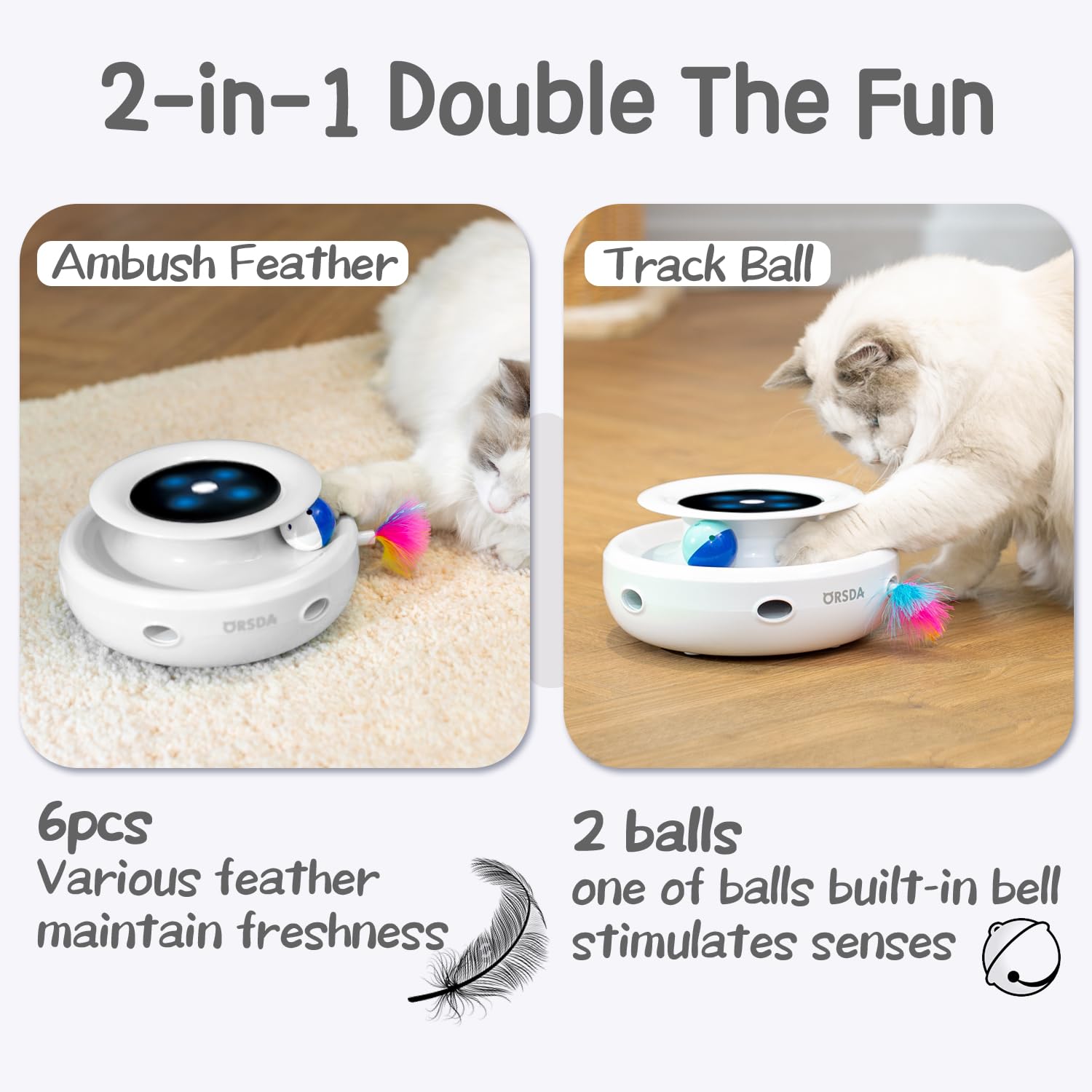 Orsda 2In1 Interactive Toys For Indoor Cats, Timer Auto On/Off, Cat Toy Balls & Ambush Electronic Cat Mice Toy For Entertainment