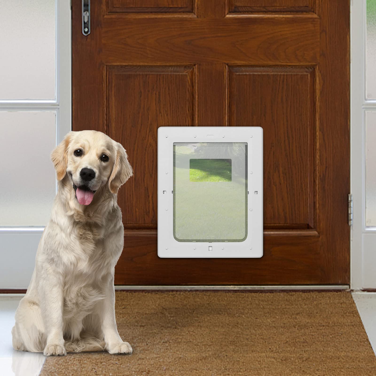 Dog Door, Plastic Pet Door By Petouch, 8.5' X 11.5' Inner Frame For Medium Dog And Pets, Easy To Install, 2-Way Locks, Durable Frame Doggy Door For Door, Screen & Wall, White Doggie Door, Medium
