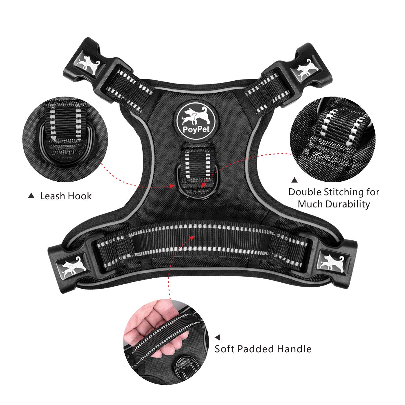 Poypet 2019 Upgraded No Pull Dog Harness With 4 Snap Buckles, 3M Reflective With Front & Back 2 Leash Hooks And An Easy Control Handle For Large Breed Dogs [No Need Go Over Dog’S Head] (Black,Xl)