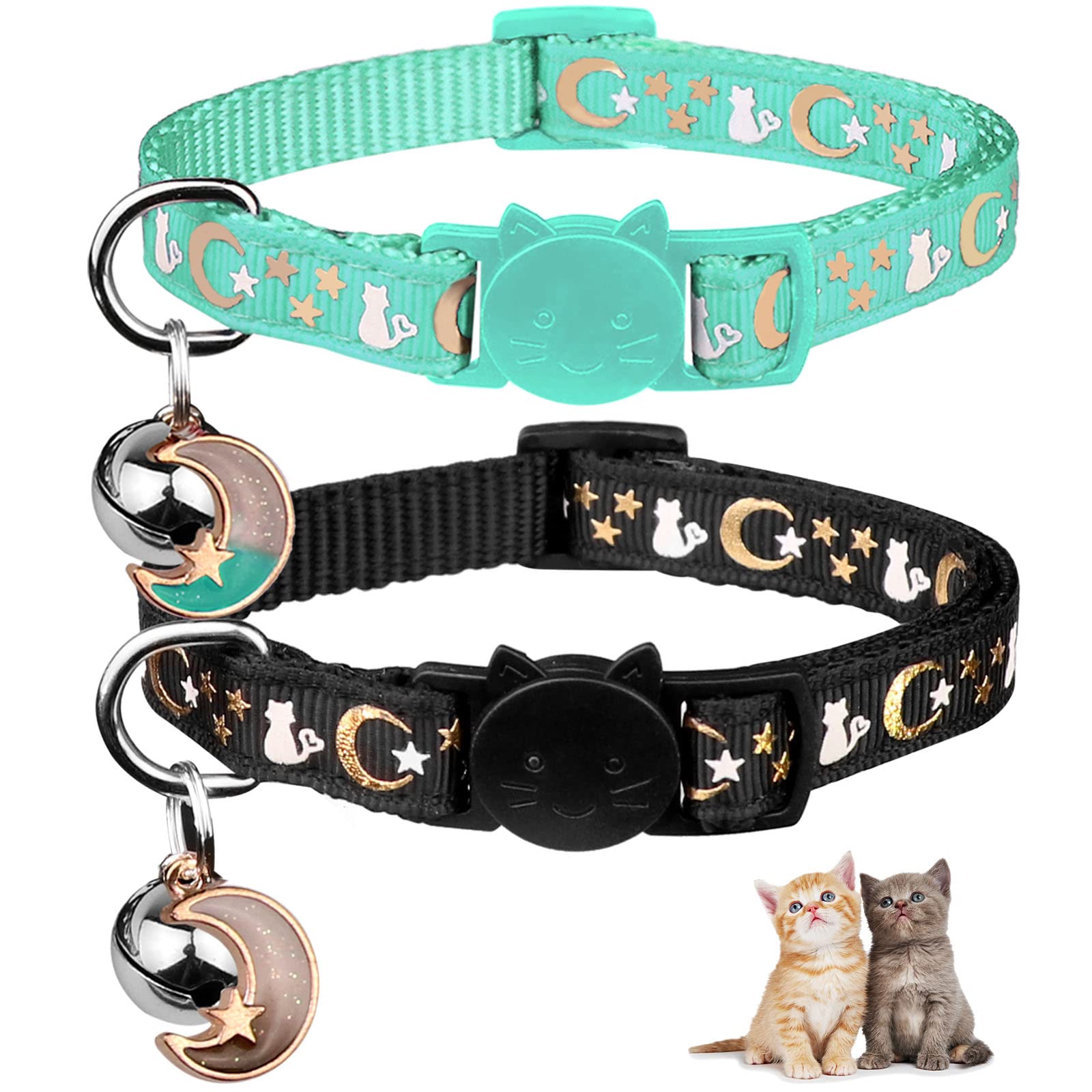 2Pcs Breakaway Cat Collars With Bell Moons Stars Cute Kitty Adjustable Safe Kitten Collars With Pendant Glow In The Dark(Black&T
