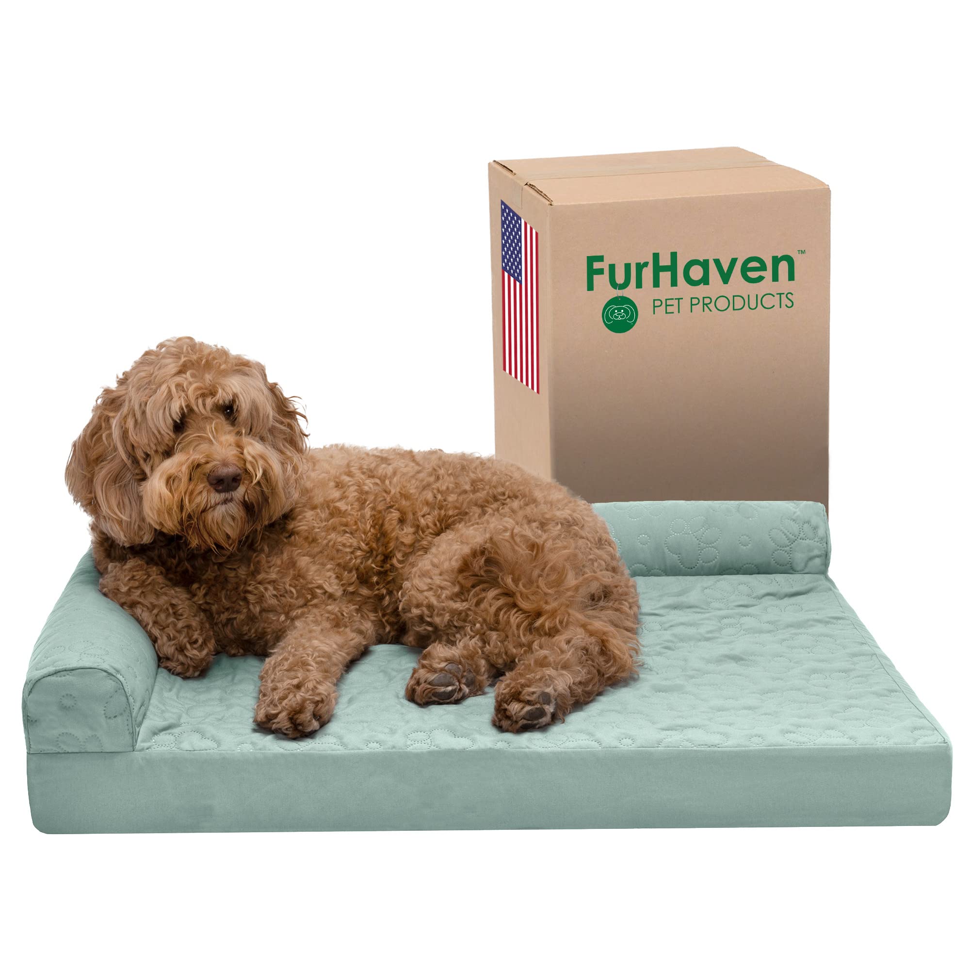 Furhaven Orthopedic Dog Bed For Large/Medium Dogs W/ Removable Bolsters & Washable Cover, For Dogs Up To 55 Lbs - Pinsonic Quilted Paw L Shaped Chaise - Iceberg Green, Large