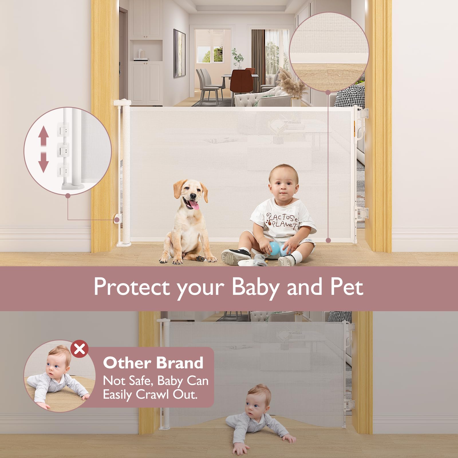 Momcozy Retractable Baby Gate - 33" Tall, 55" Wide Mesh Safety Gate for Indoor/Outdoor Use, White, Model USVC-AM07-W