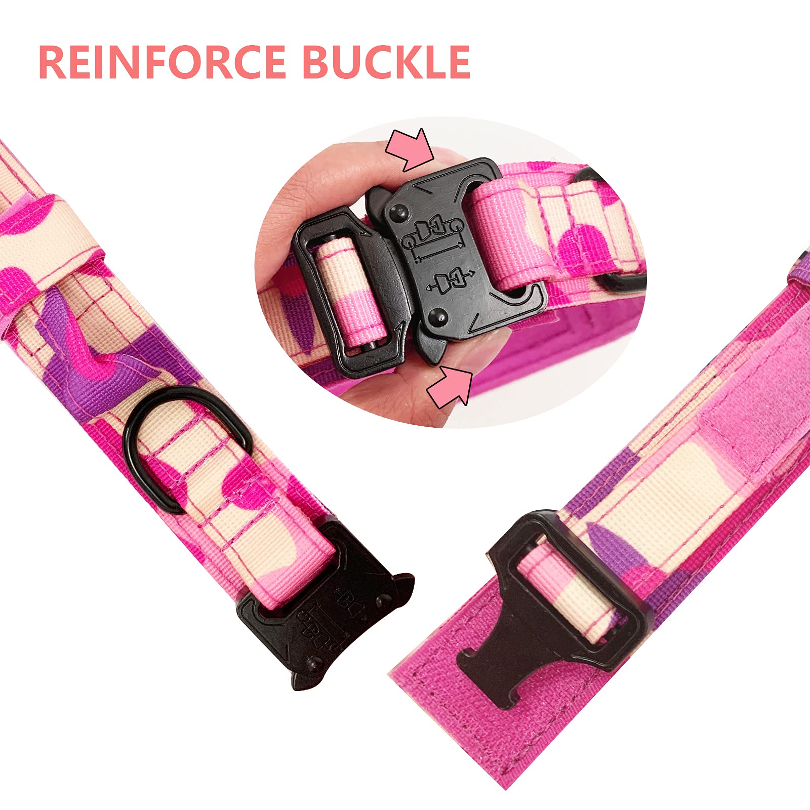 Tactical Dog Collar Military Dog Collar Adjustable Nylon Dog Collar Heavy Duty Metal Buckle With Handle For Dog Training (Pink Camo,L)