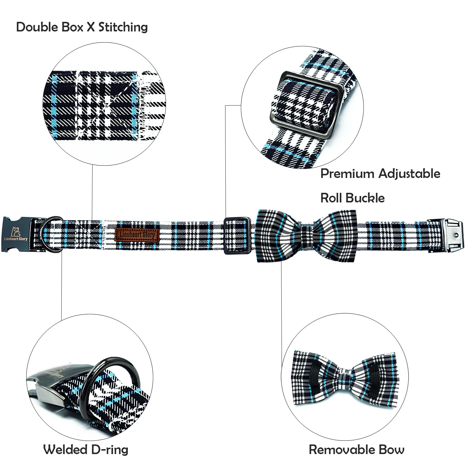 Lionheart Glory Dog Bow Collar Blue And Black Plaid Dog Collar For Medium Dogs,Boy Dog Collars With Bowtie Spring Summer Collars