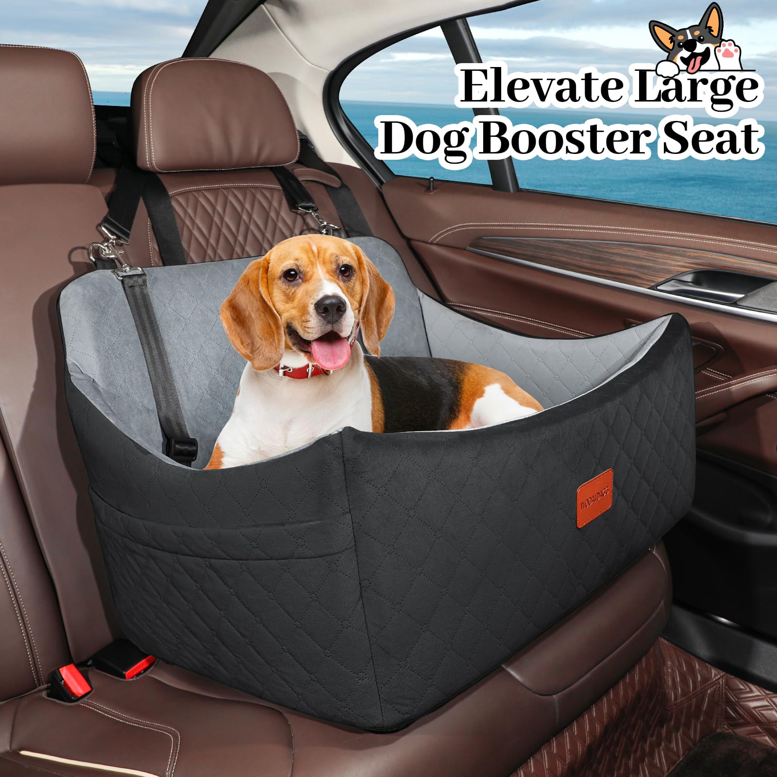 Wooaidagg Dog Car Seat for Medium & Large Dogs Up to 55lbs, Memory Foam Cushion, Washable Cover, Safety Straps & Non-Slip Base(B