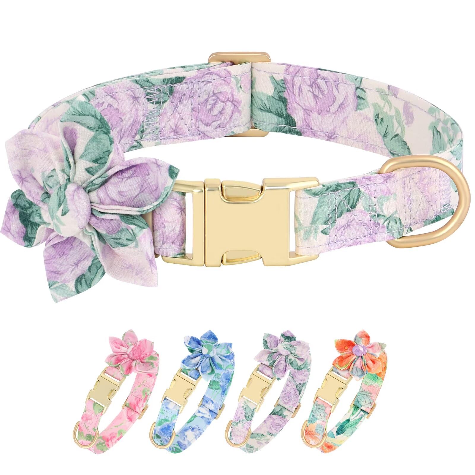 Beirui Cute Girl Dog Collars for Female Dogs, Floral Dog Collar with Spring Flower Patterns, Soft Purple Pet Collars for Small M