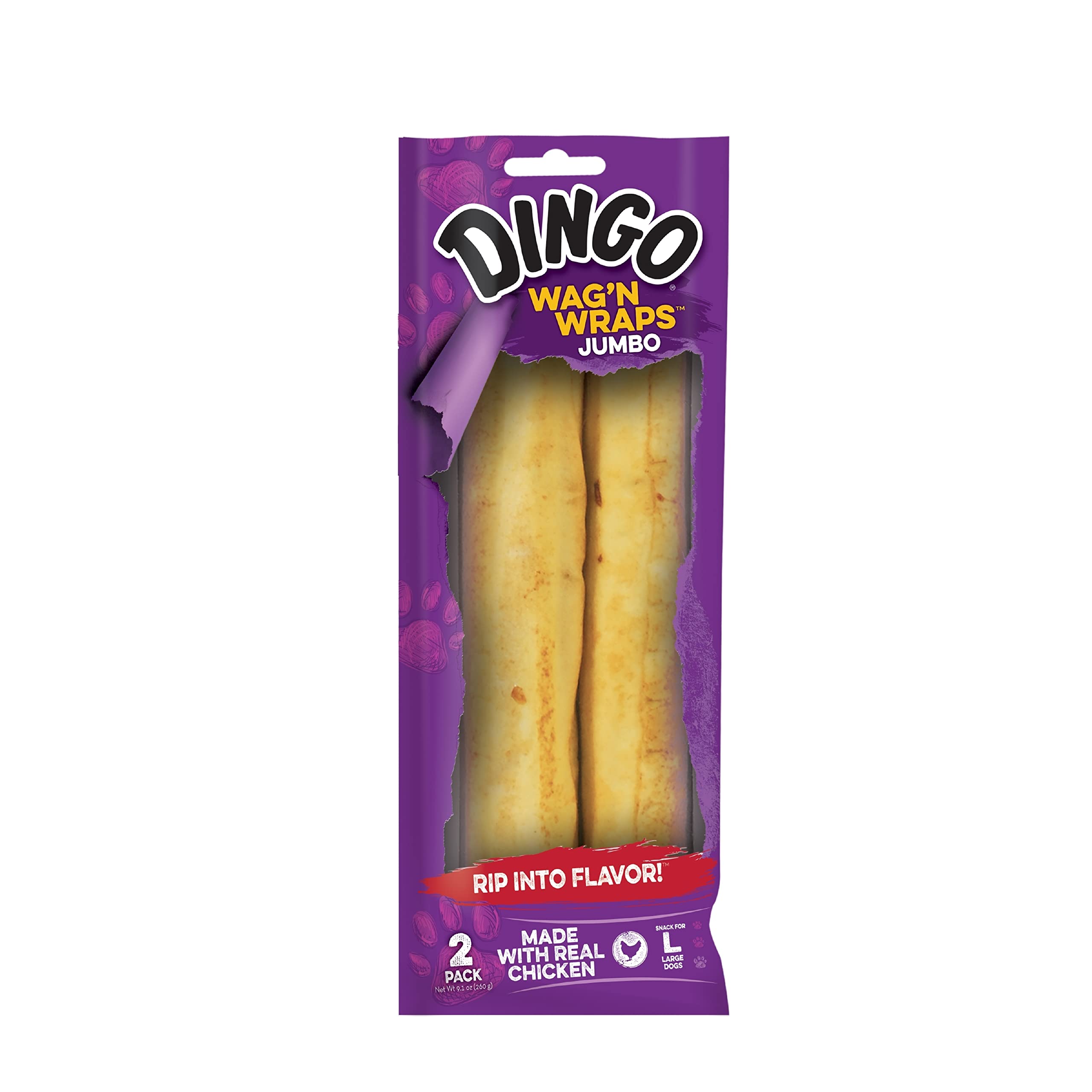 Dingo Wagn Wraps Jumbo Rawhide for Large Dogs, 2-Count