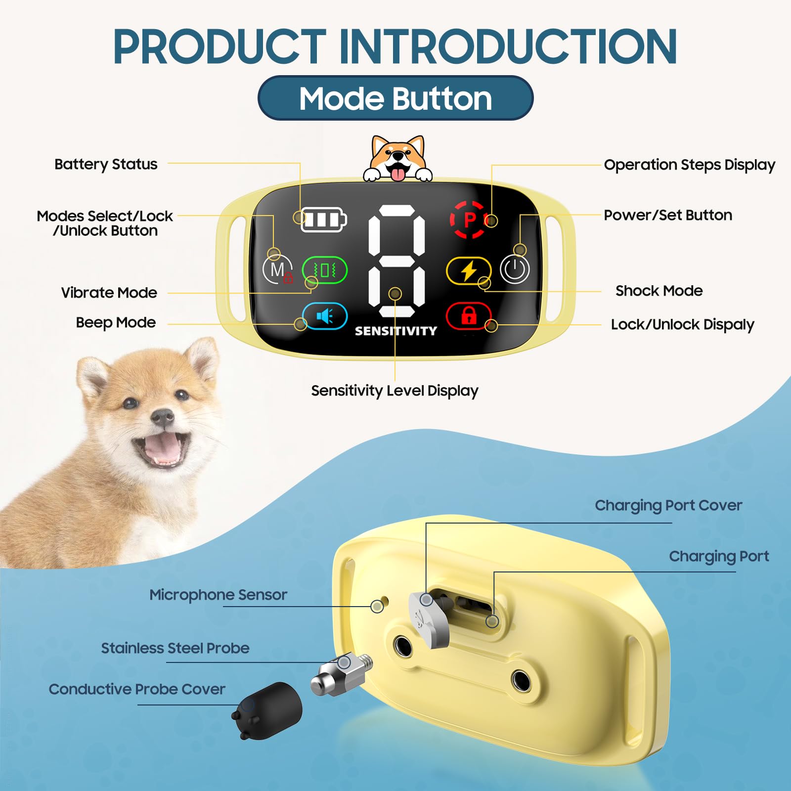Dog Bark Collar, Cmubh Bark Collar For Large Dog With Beep Vibration Shock, Rechargeable Barking Collar With 8 Adjustable Sensit