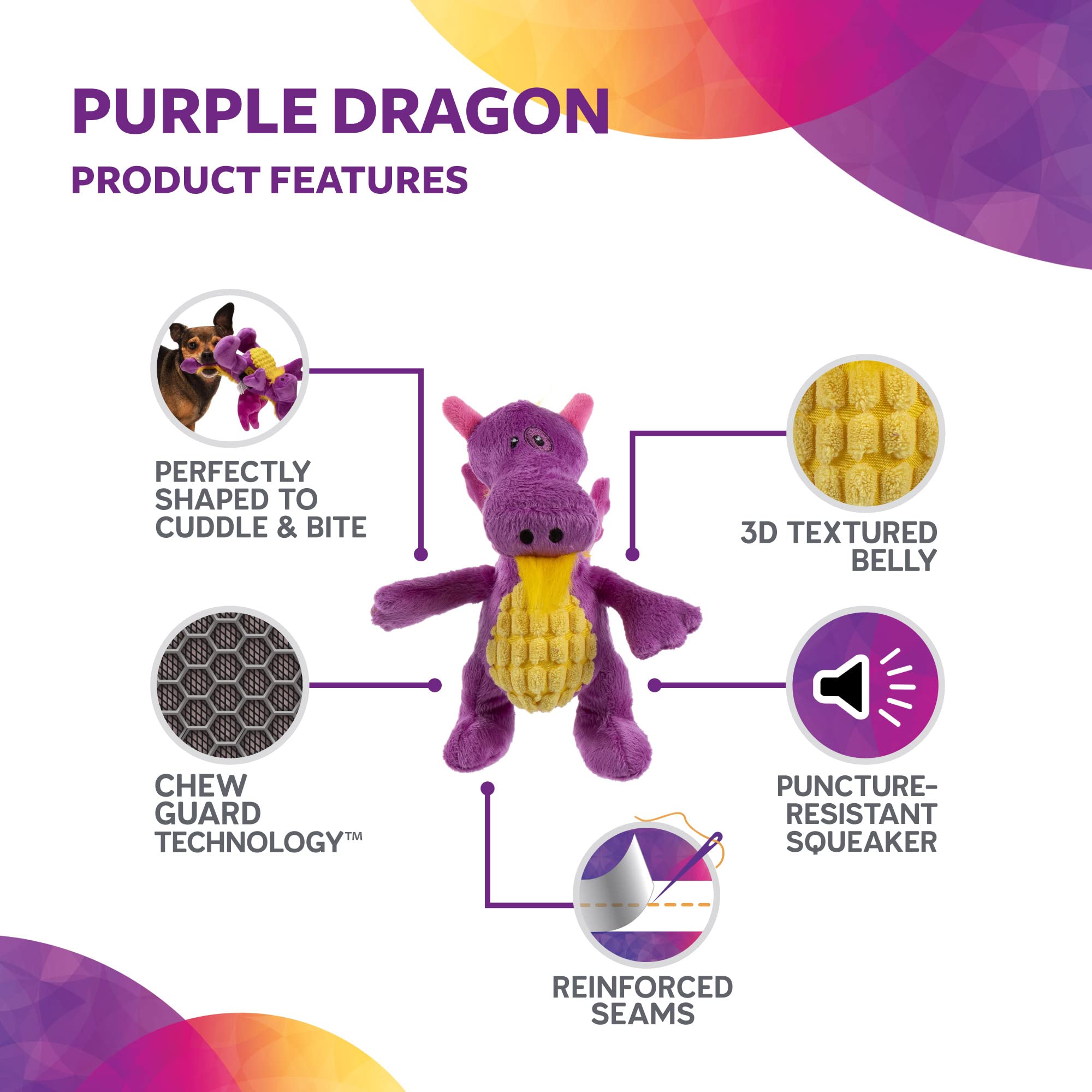 Trustypup Tough 'N Fun Dragon Squeaky Plush Dog Toy, Chew Guard Technology - Purple, One Size (71149)