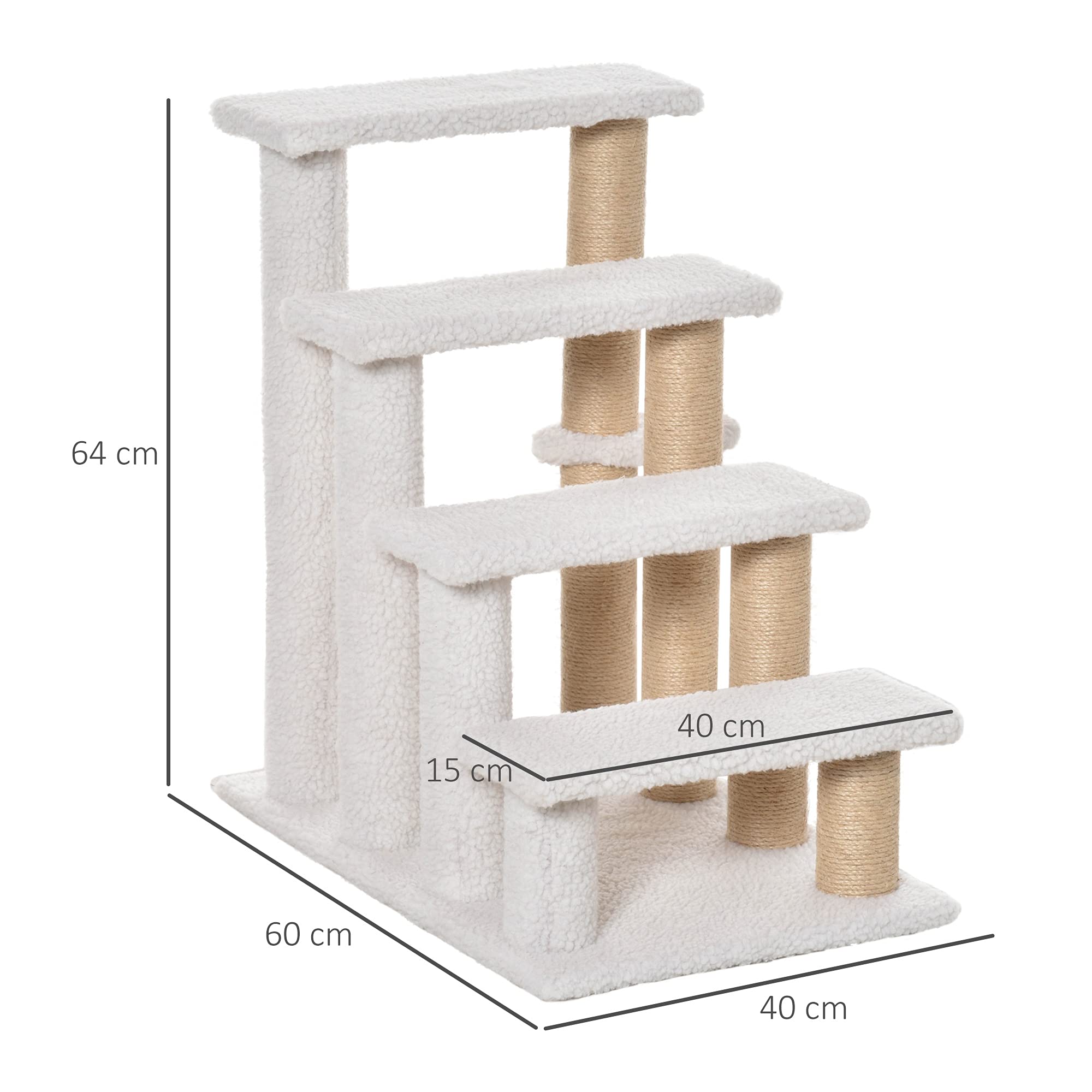 Pawhut Pet Stairs With Scratching Post Ball 4-Step Cat Stairs Dog Stairs Chipboard Plush Jute White 60 X 40 X 64 Cm
