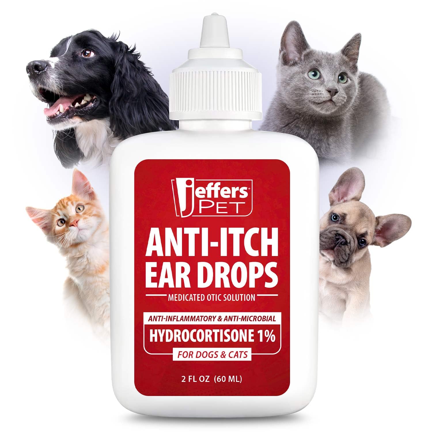 Jeffers Anti-Itch Ear Drops for Dogs & Cats, 2 fl oz -1% Hydrocortisone Otic Solution, Soothes Itchy Ears, Supports Ear Comfort 
