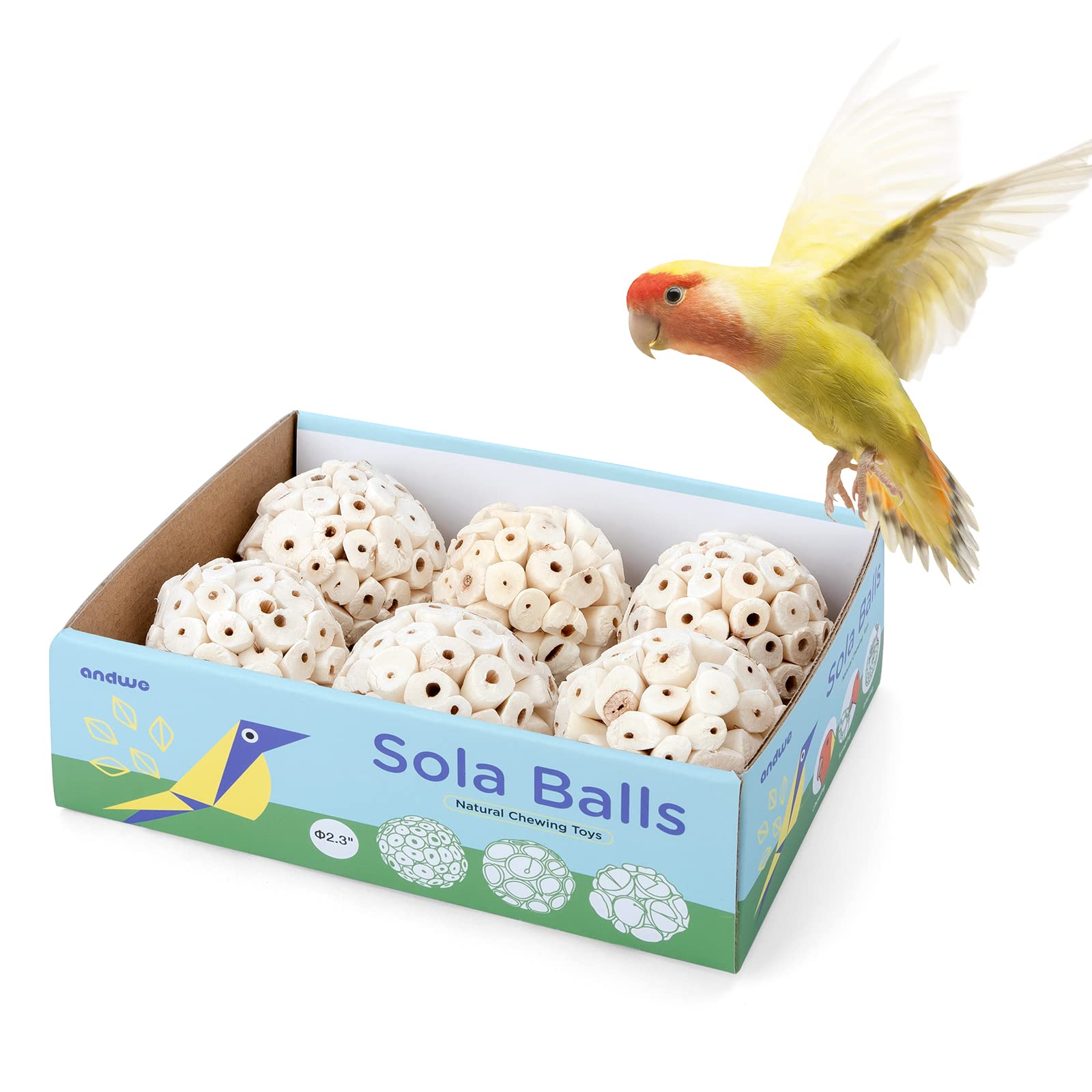 Andwe Bird Toy Sola Ball - Natural Soft Chew Shredding & Foraging Toy For Cockatiel Conure Quaker Parrot Budgie Parakeet Rabbit 